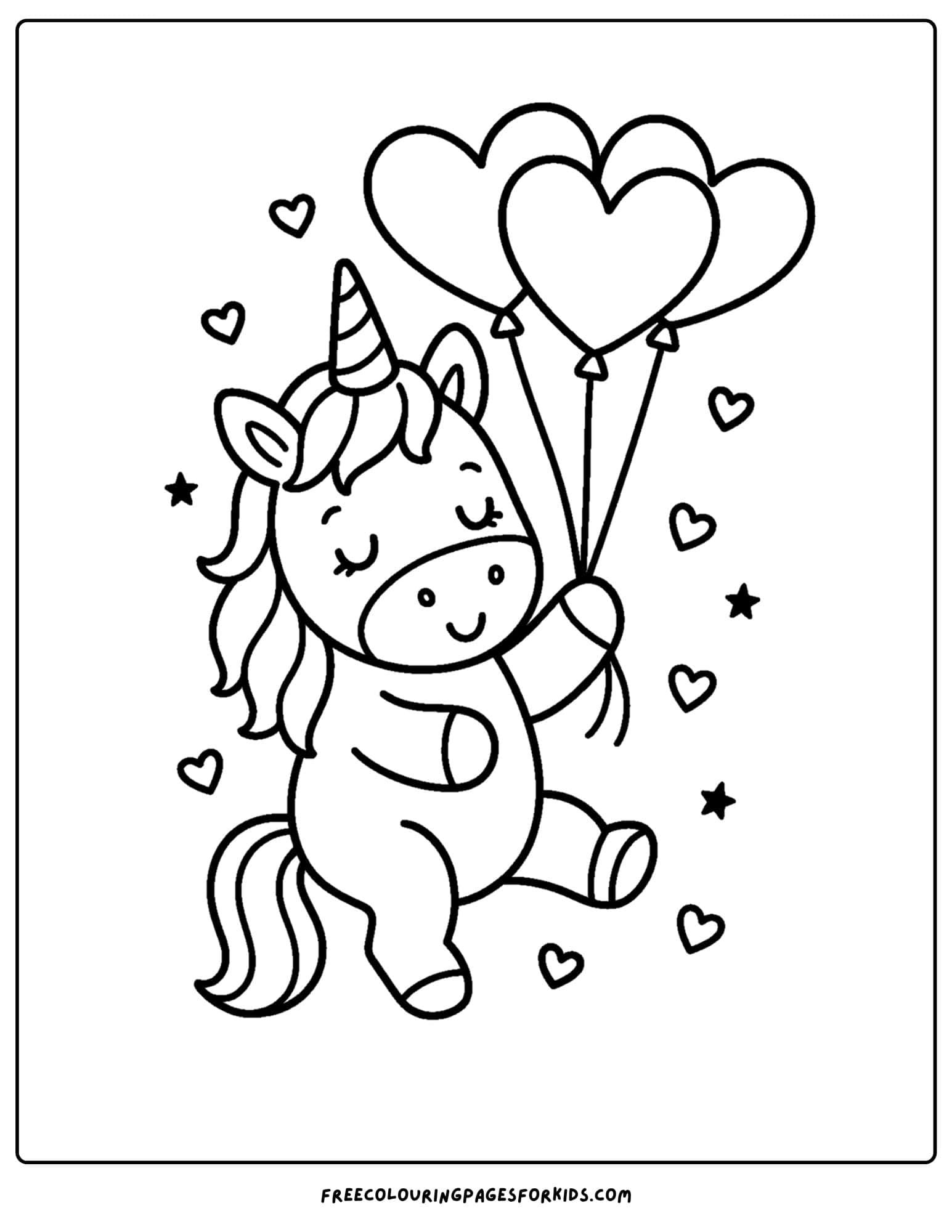 a coloring page of a unicorn with heart balloons
