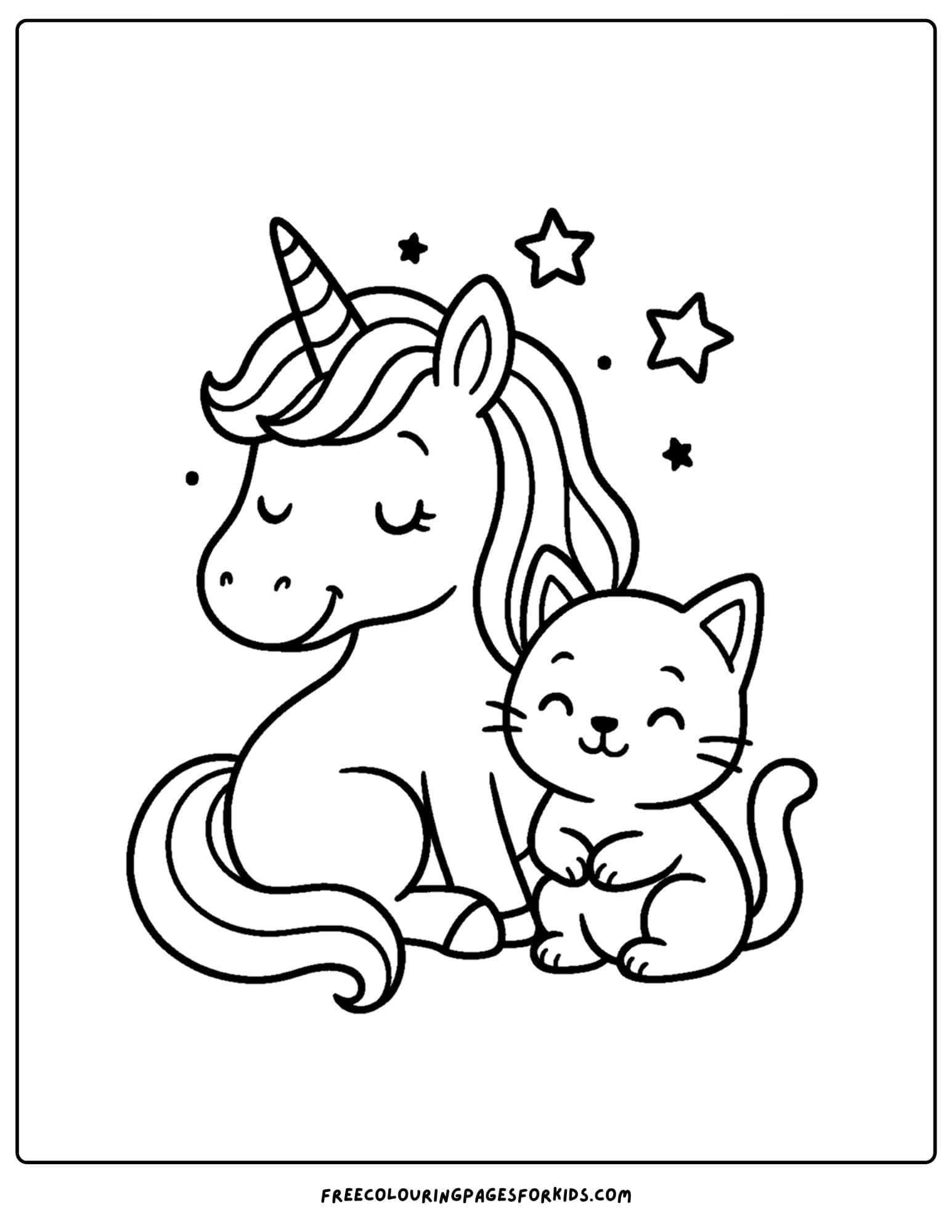 a coloring page of a unicorn and a kitten