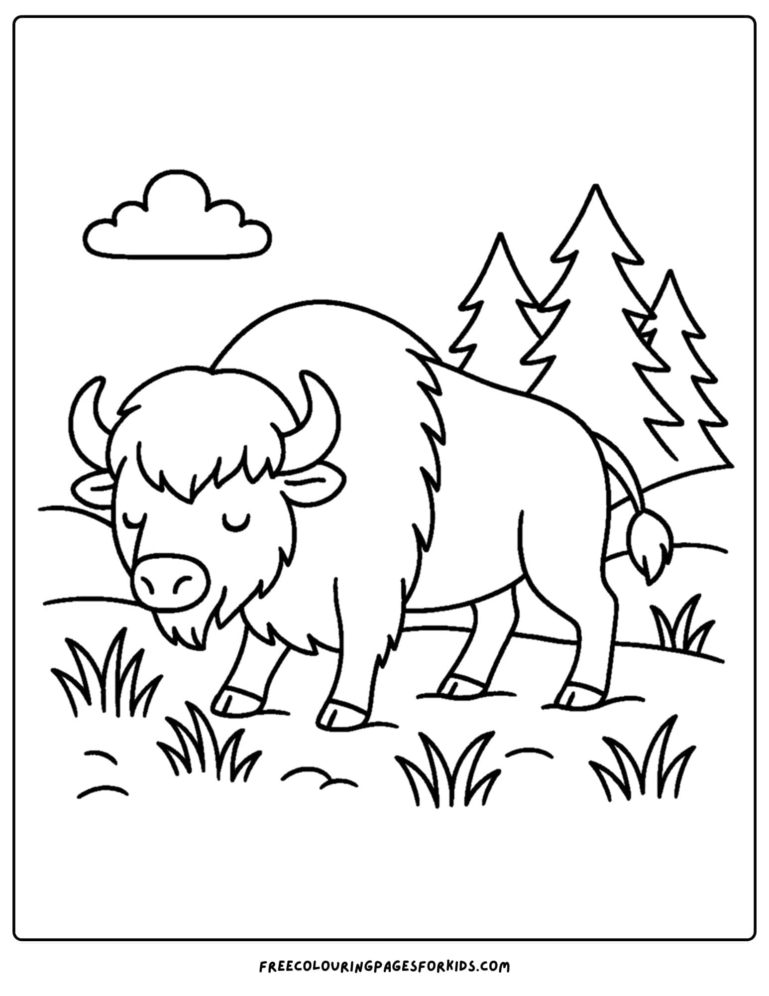 a wild animal coloring page featuring a bison grazing in a field