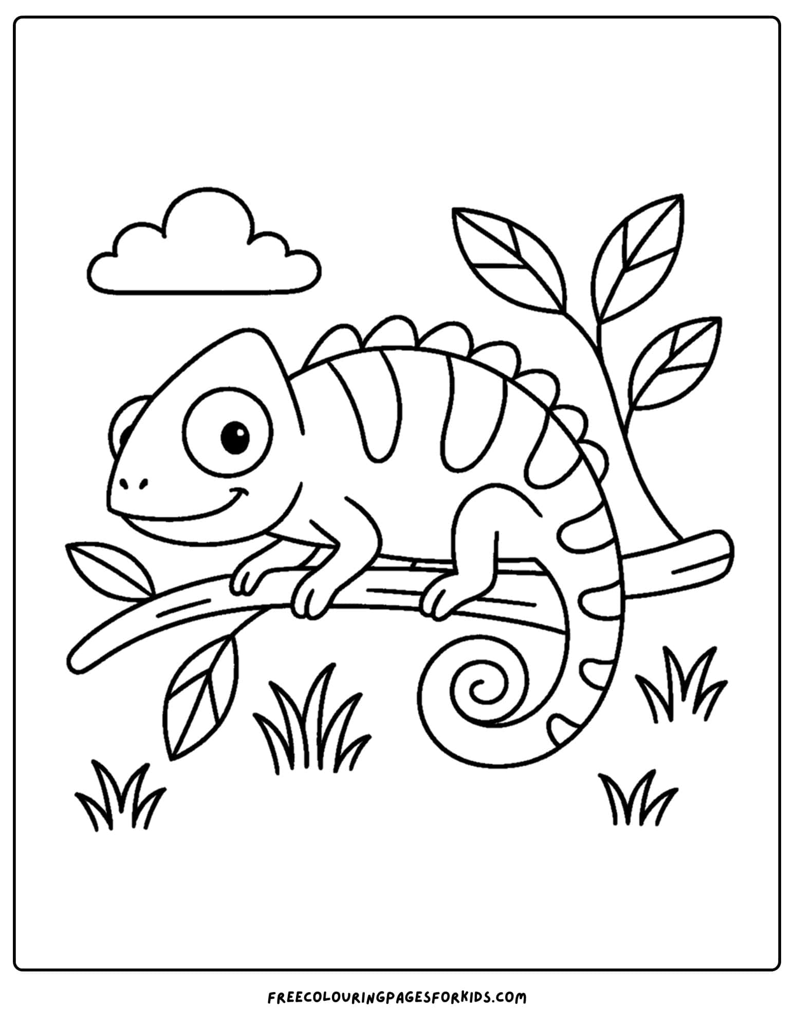a wild animal coloring page featuring a chameleon on a branch
