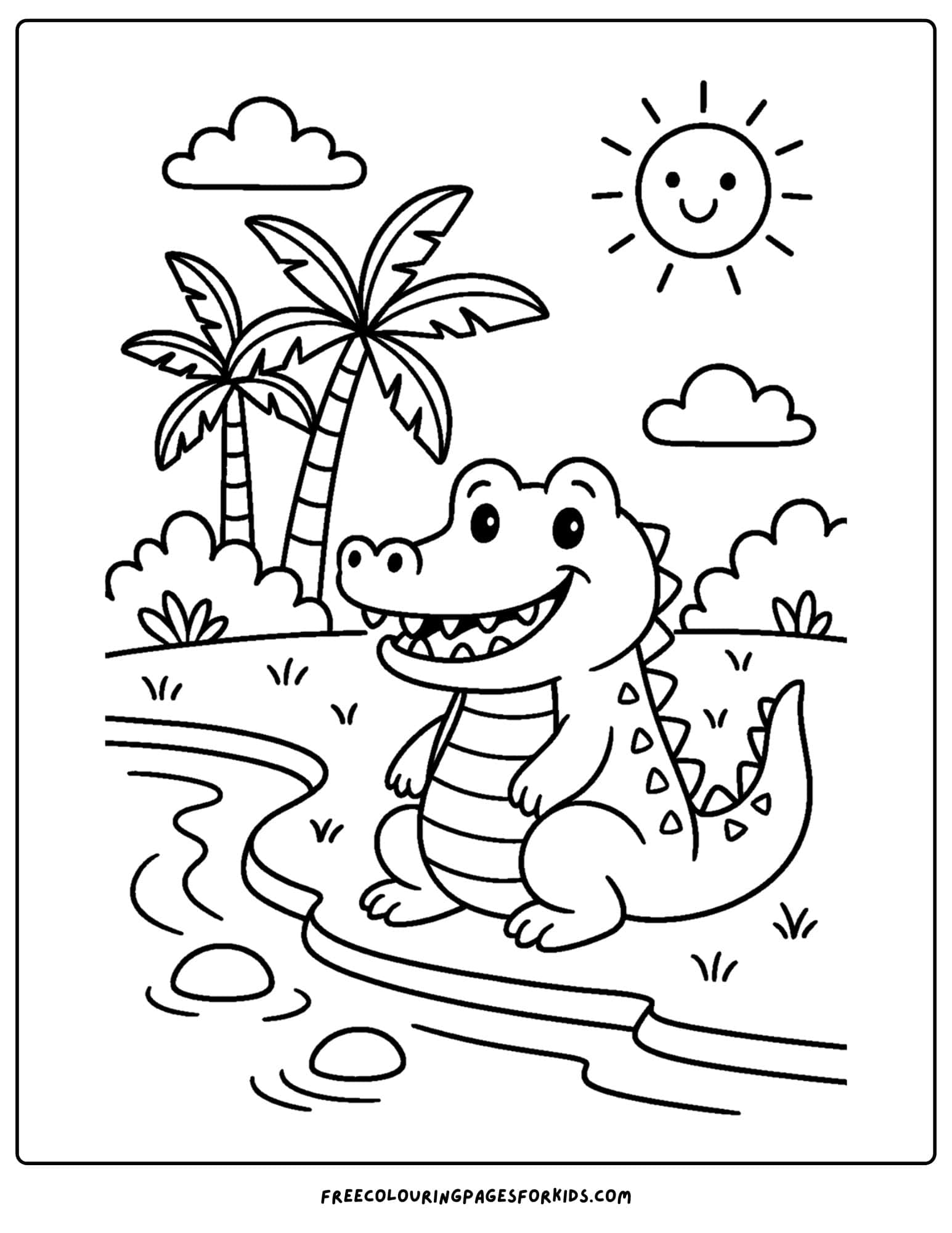 a wild animal coloring page featuring a crocodile smiling by a river