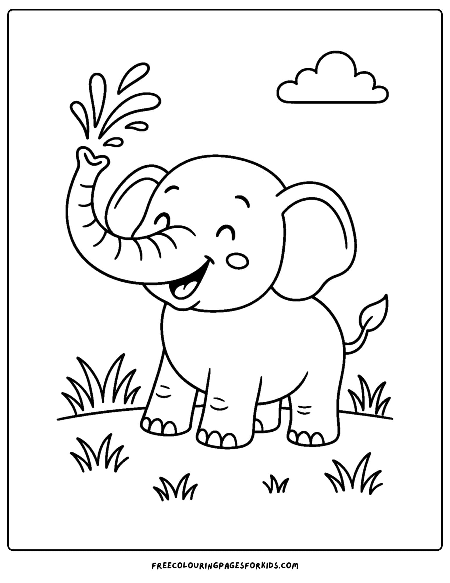 a wild animal coloring page featuring an elephant spraying water
