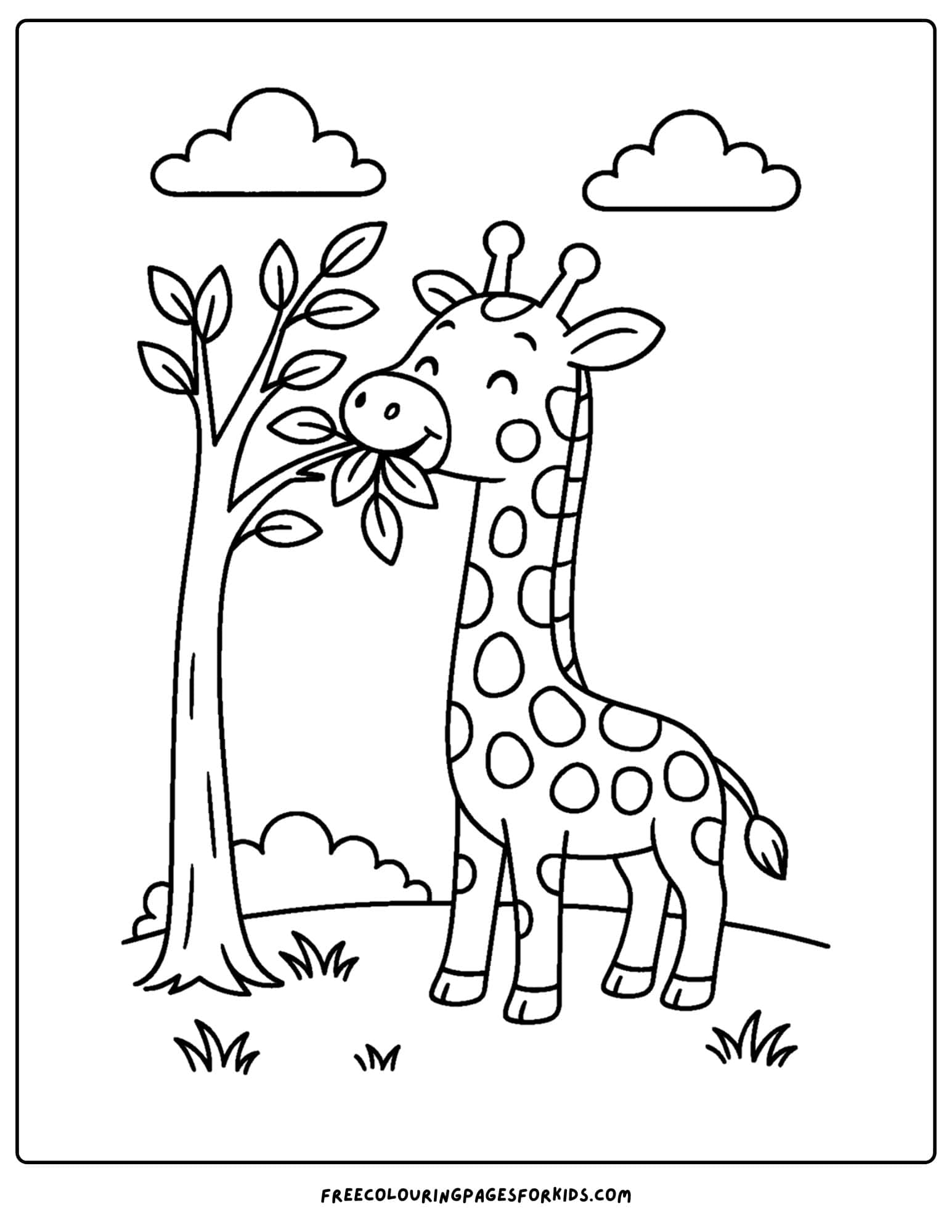 a wild animal coloring page featuring a giraffe muching leaves from a tree