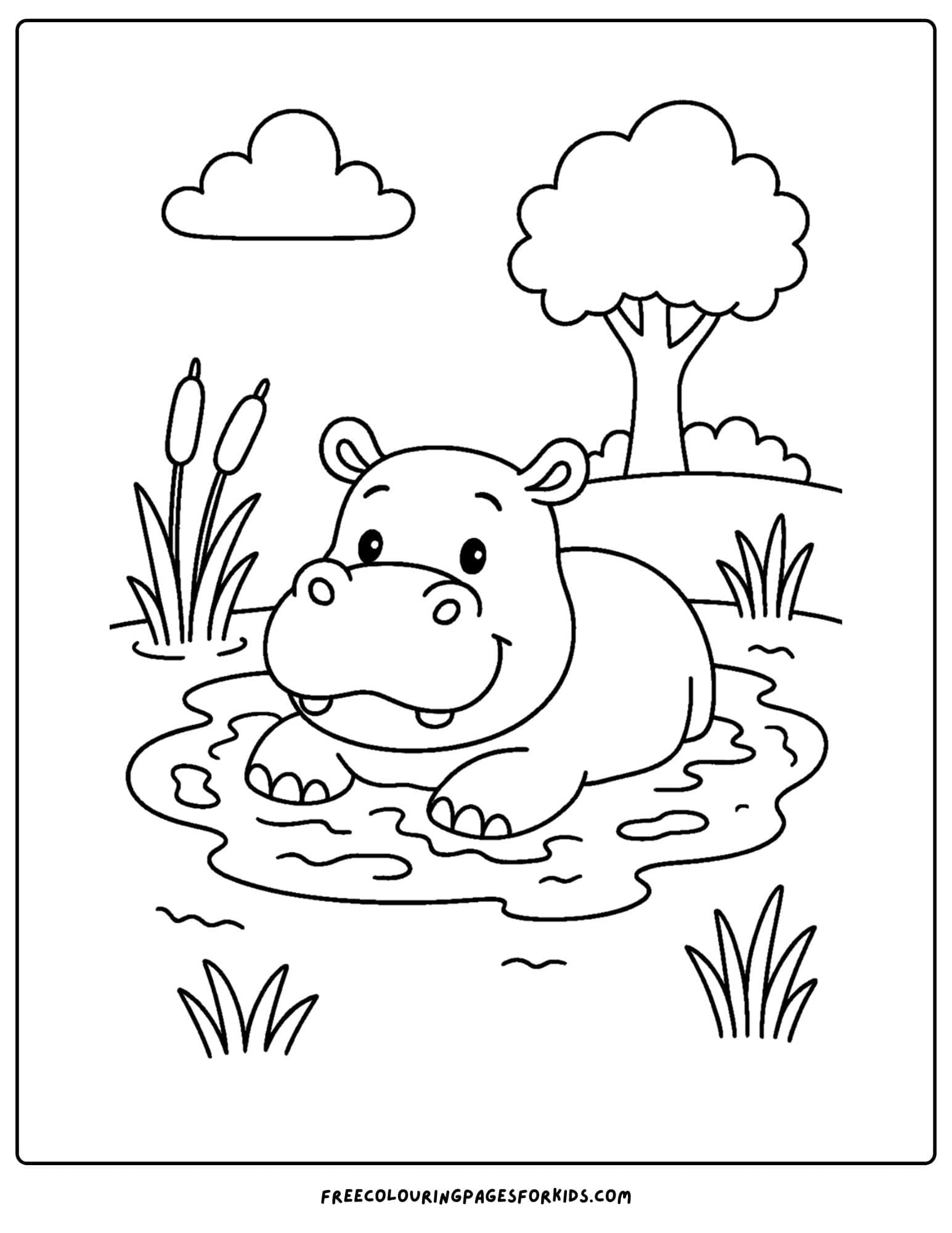 a wild animal coloring page featuring a hippo in the mud