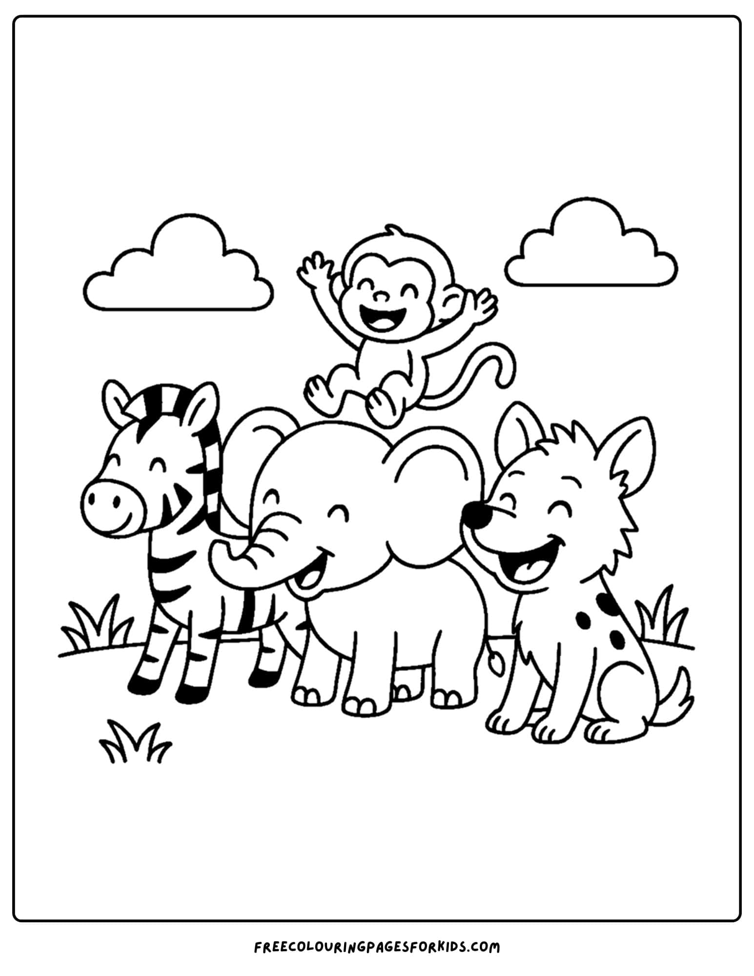 a wild animal coloring page featuring a hyena and friends laughing