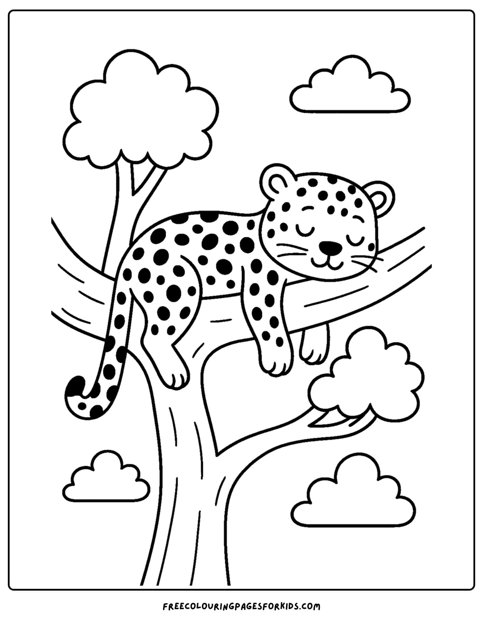 a wild animal coloring page featuring a leopard sleeping in a tree