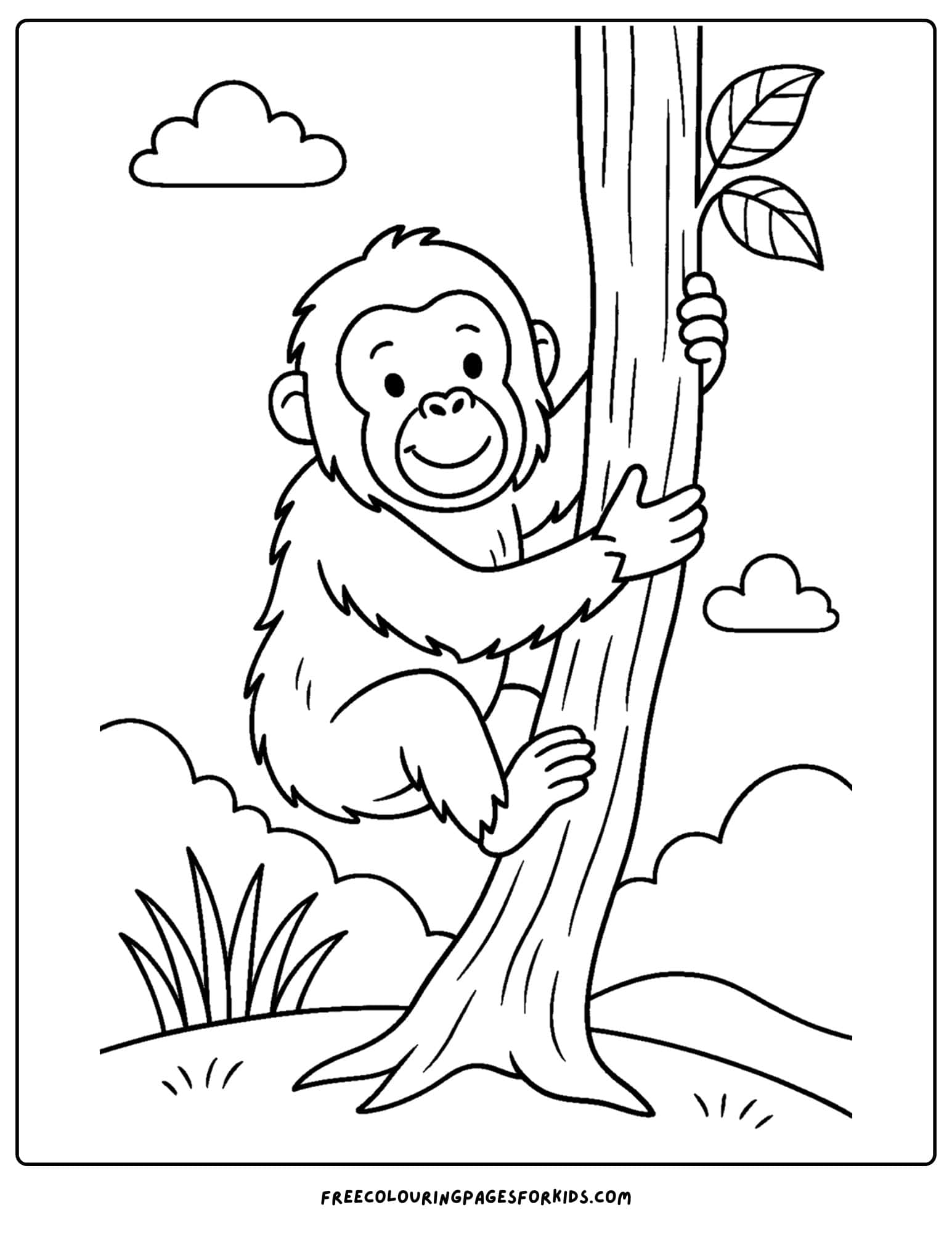 a wild animal coloring page featuring an orangutan climbing a tree