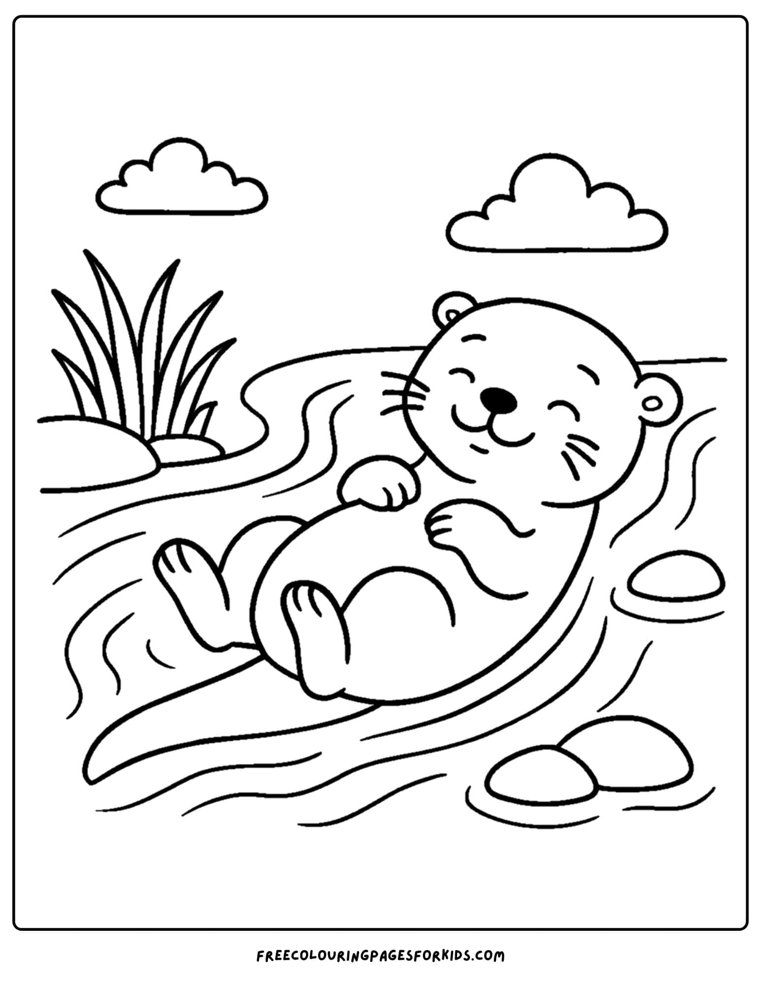 a wild animal coloring page featuring an otter floating in a stream