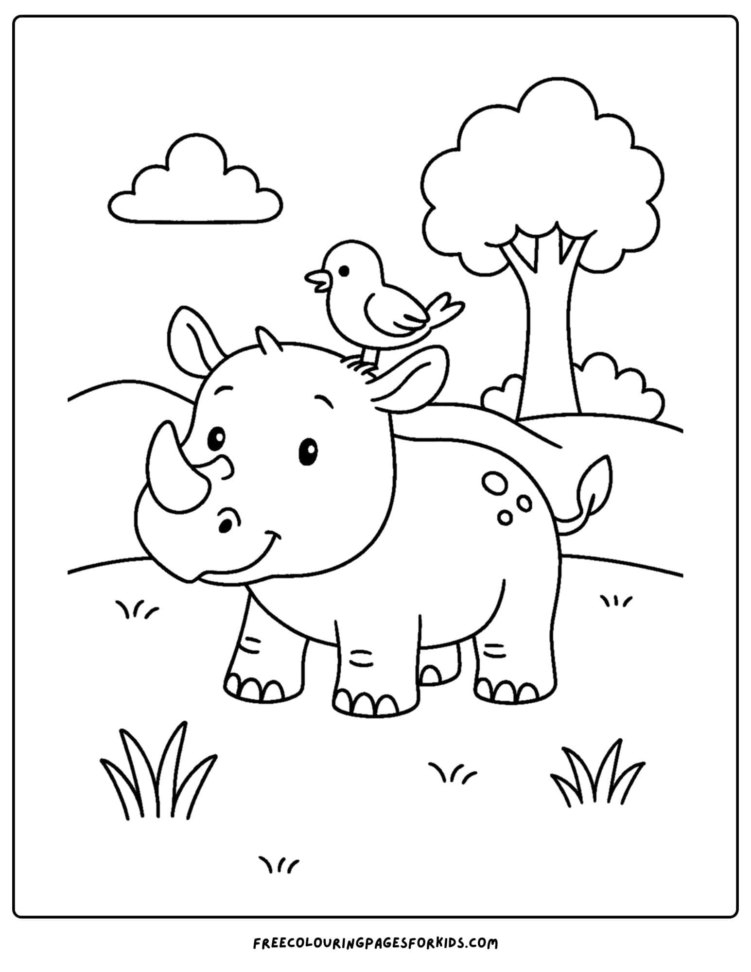 a wild animal coloring page featuring a rhino with a bird on its back