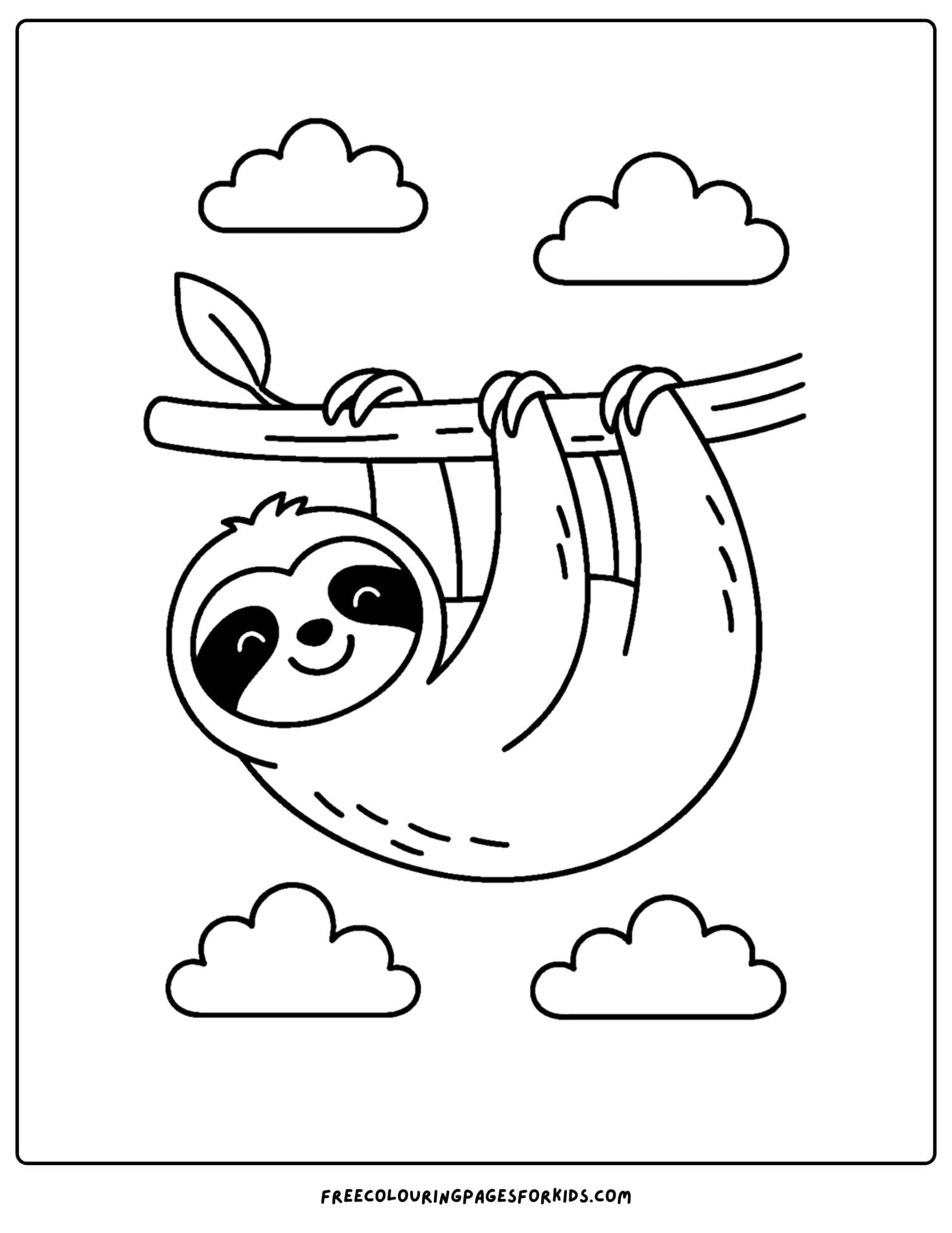 a wild animal coloring page featuring a sloth hanging from a branch