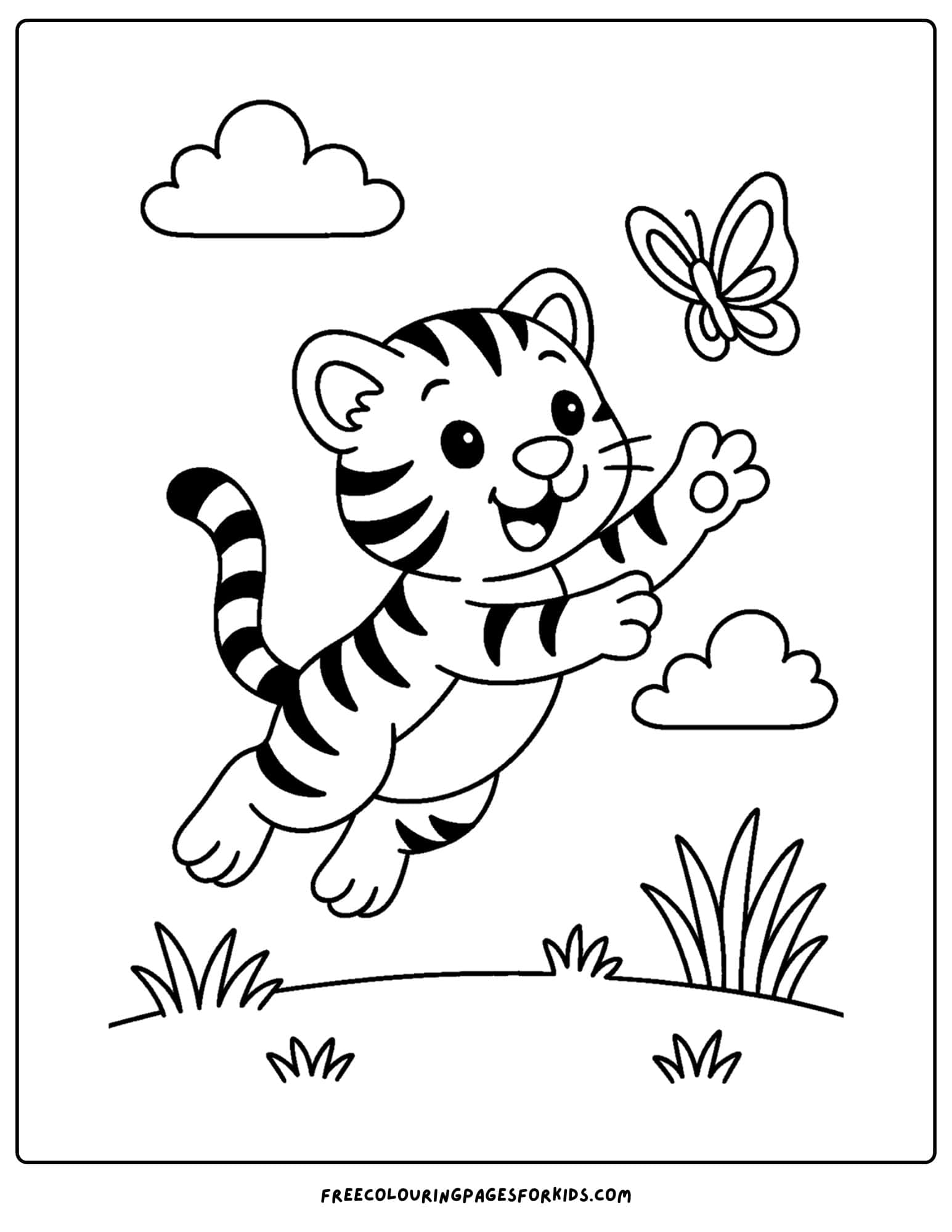 a wild animal coloring page featuring a tiger chasing a butterfly