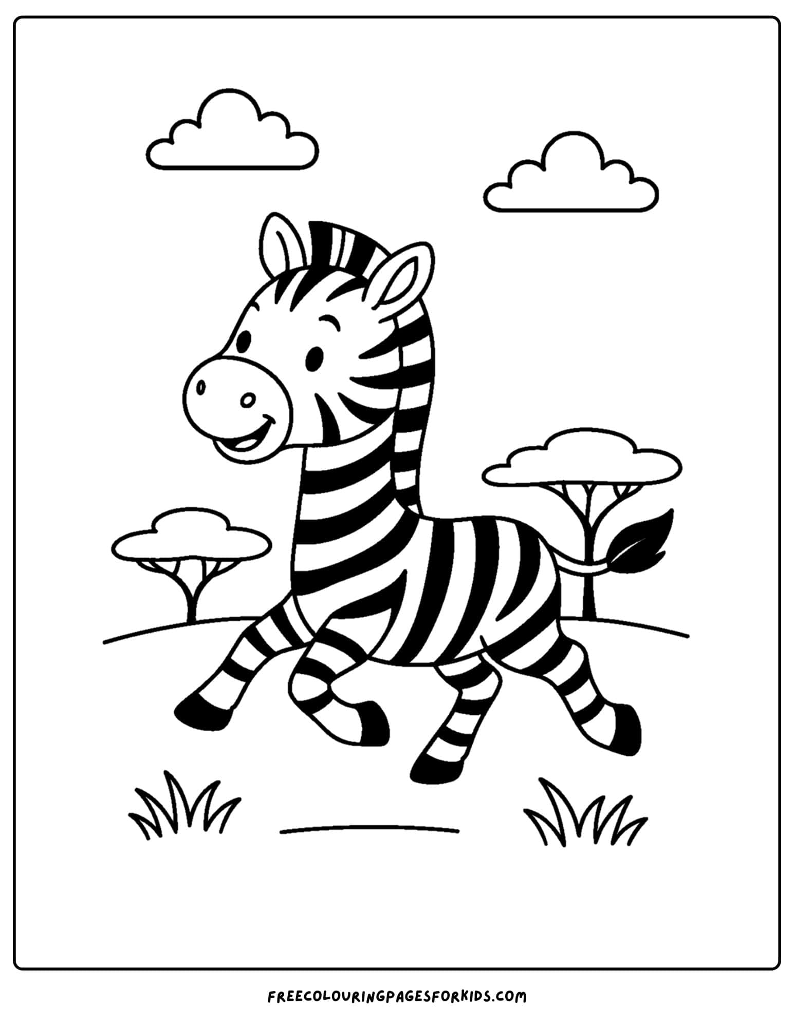 a wild animal coloring page featuring a zebra running across a plain