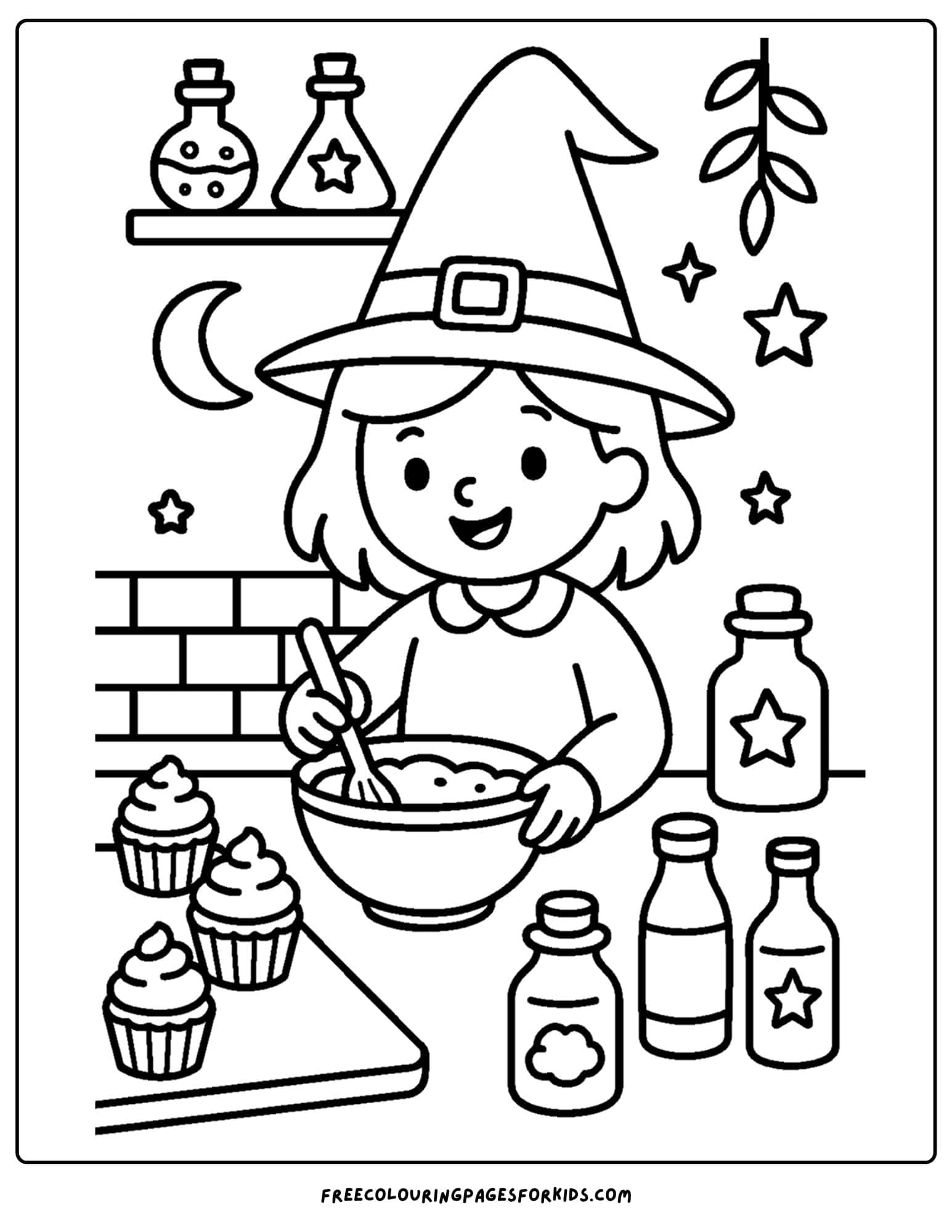 a witch baking magical cupcakes coloring page
