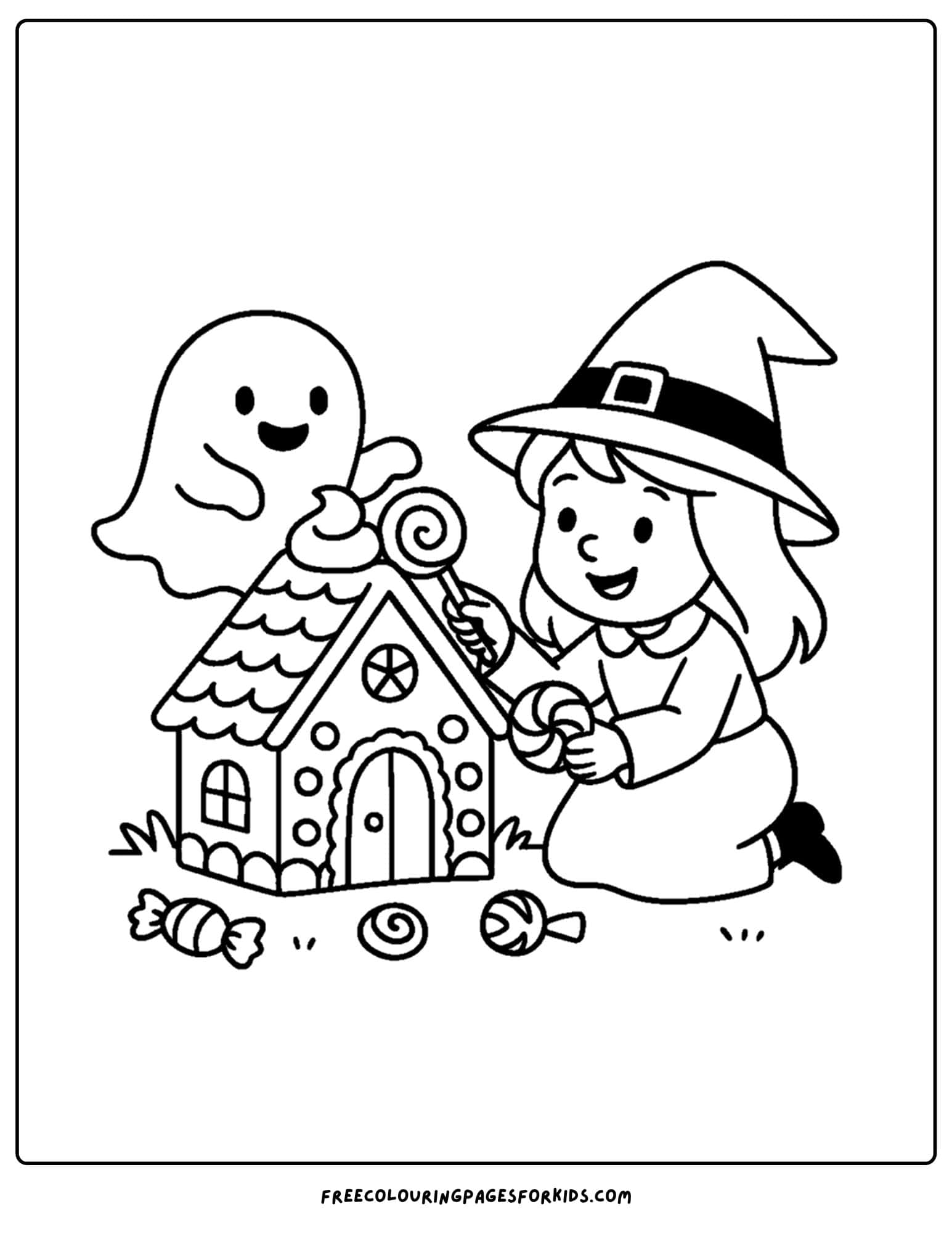 a witch making a candy house coloring page