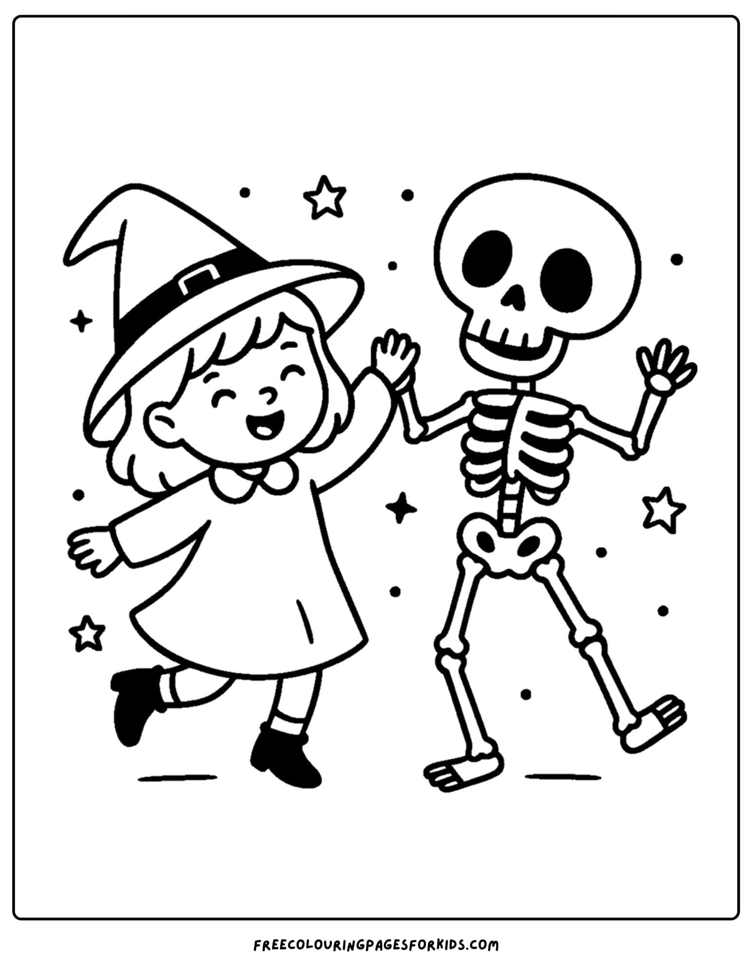 a witch giving a high five to a skeleton coloring page
