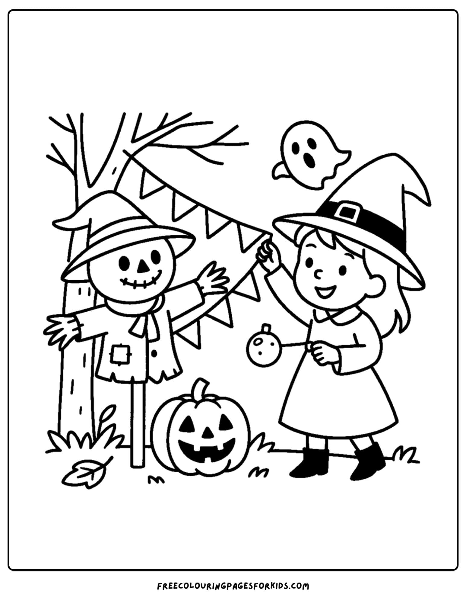 a witch decorating a scarecrow coloring page
