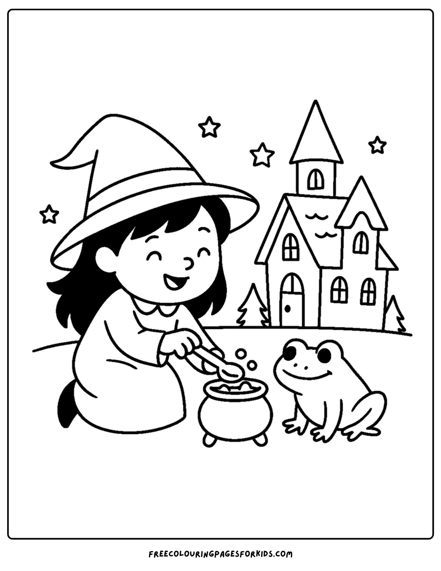 a witche feeding a frog coloring page