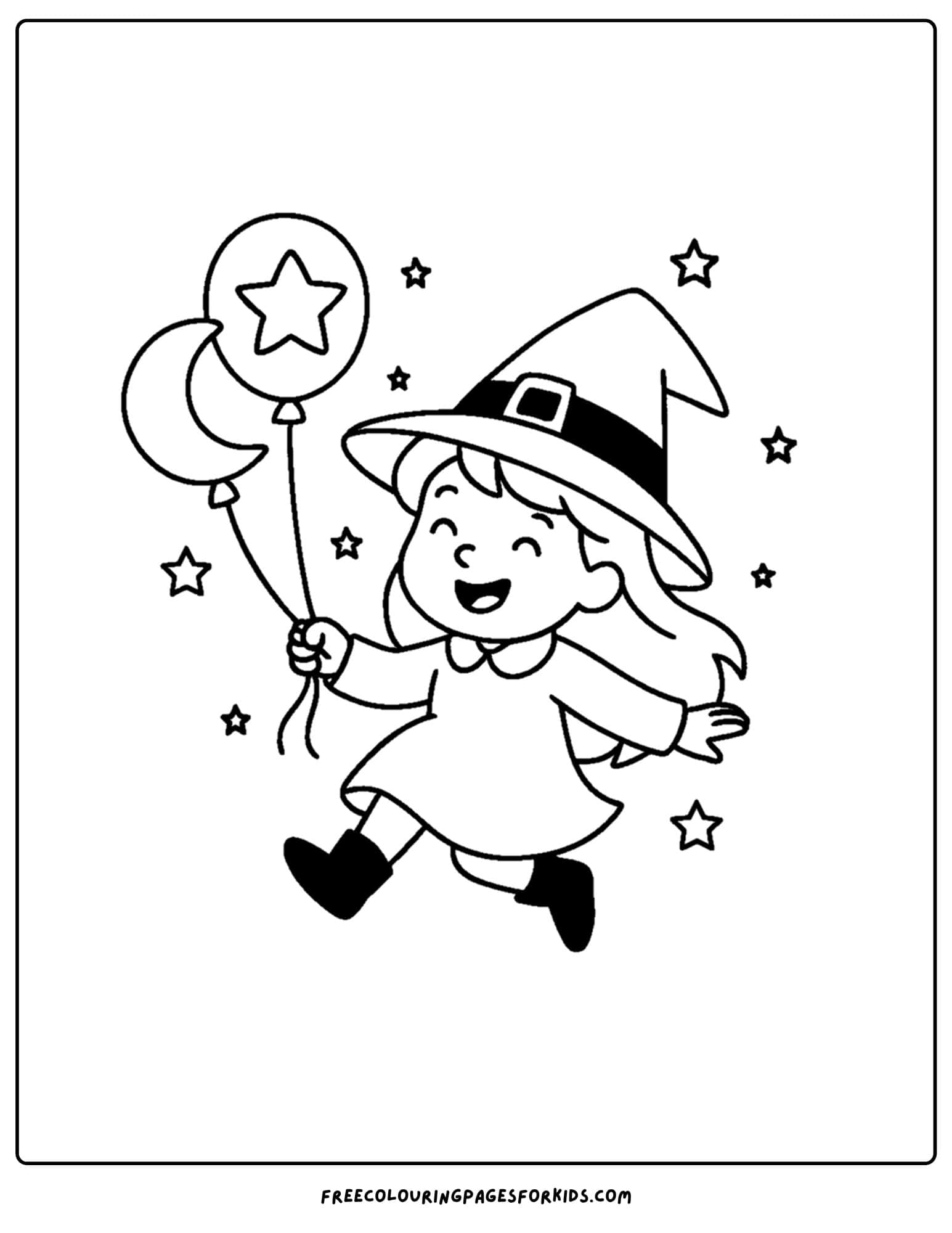 a witch with balloons coloring page