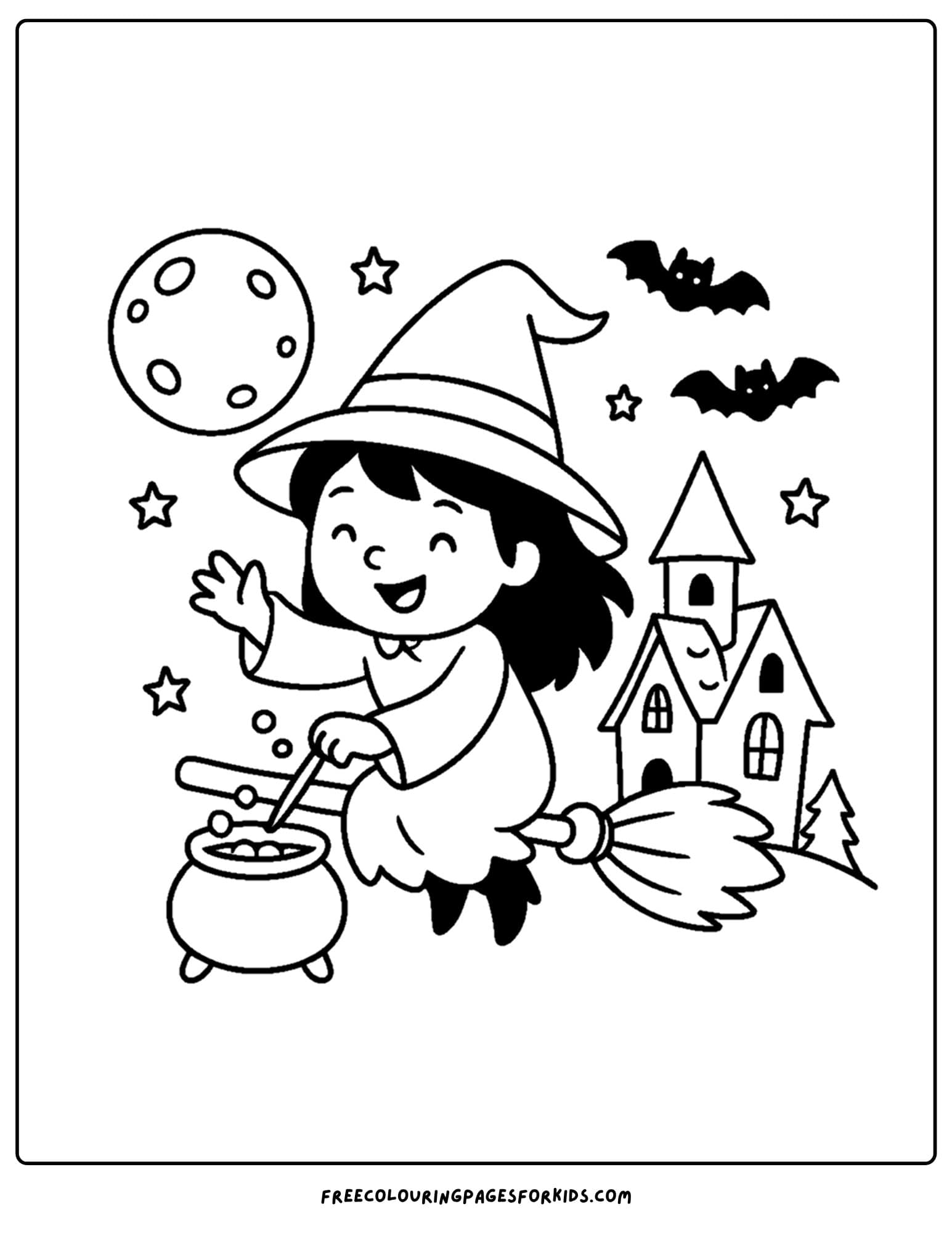 a witch flying over a haunted house coloring page