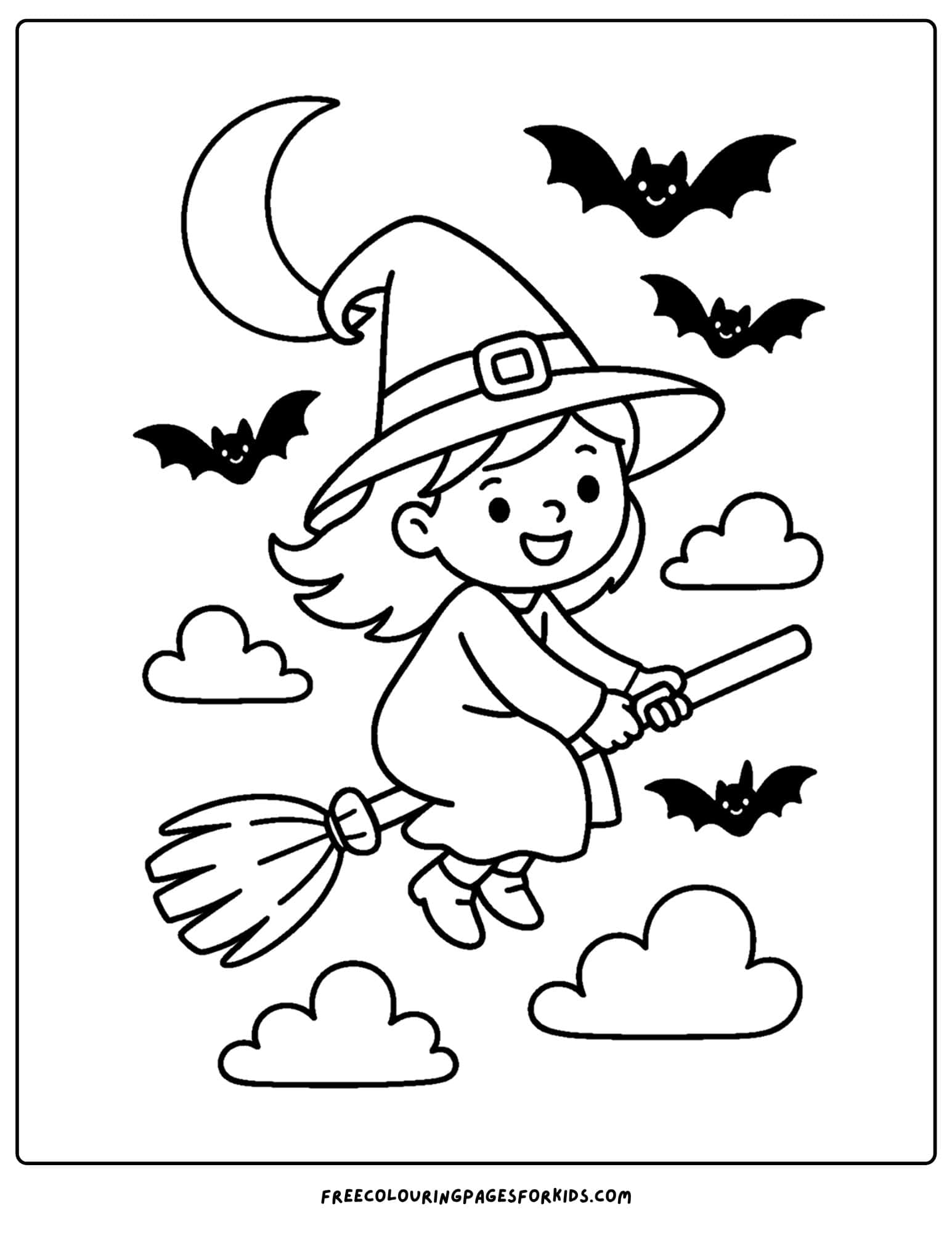 a witch flying with bats around coloring page