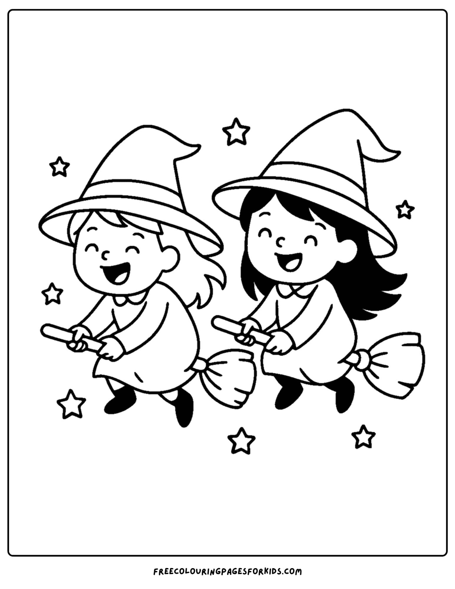 two witches flying together coloring page