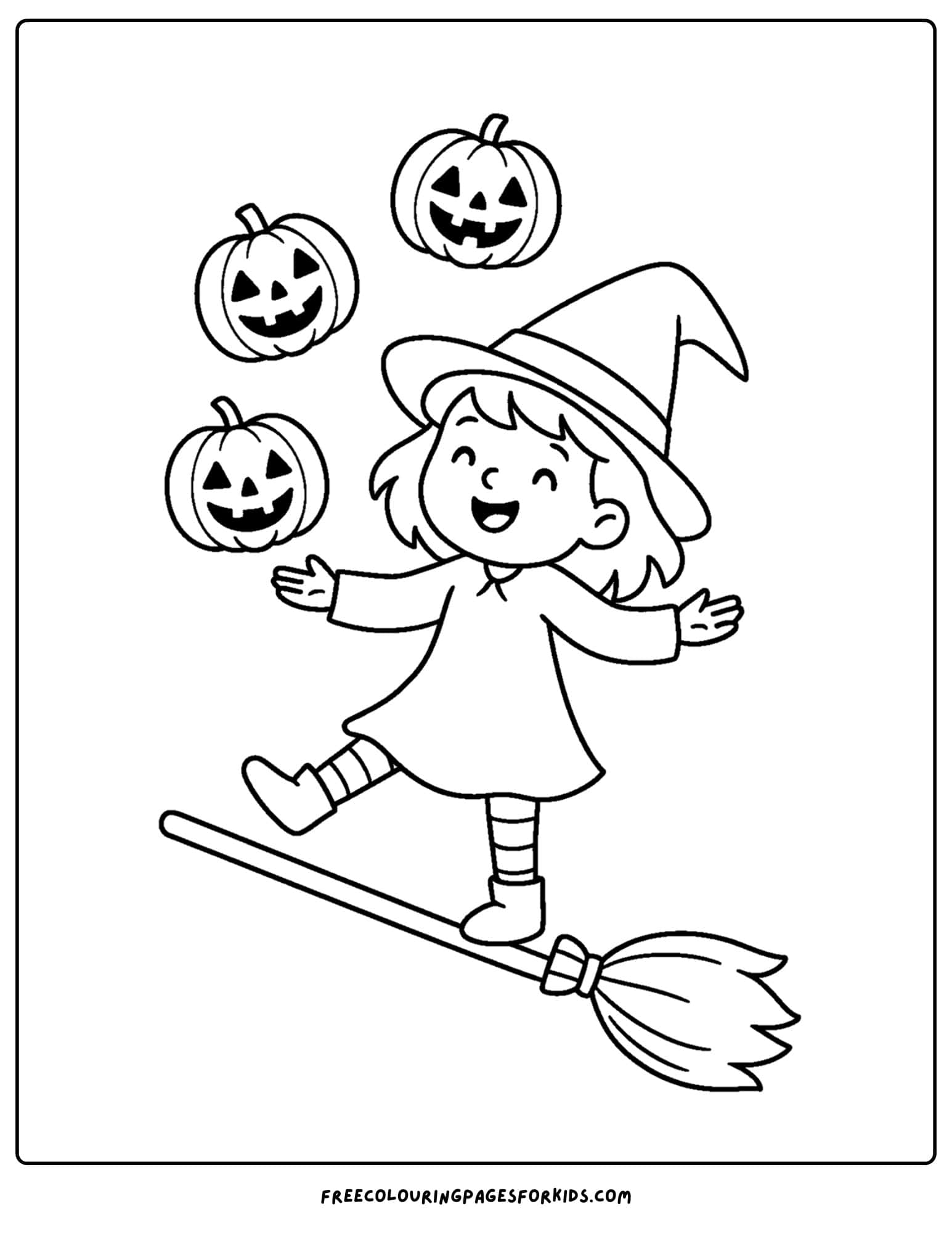 a with juggling pumpkins on a broom coloring page