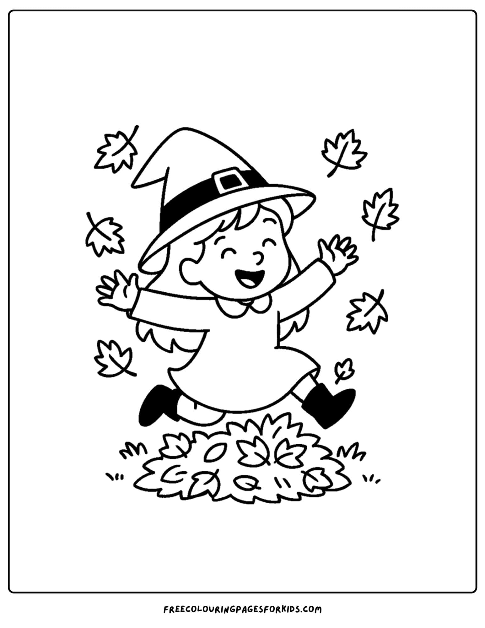a witch jumping in leaves coloring page