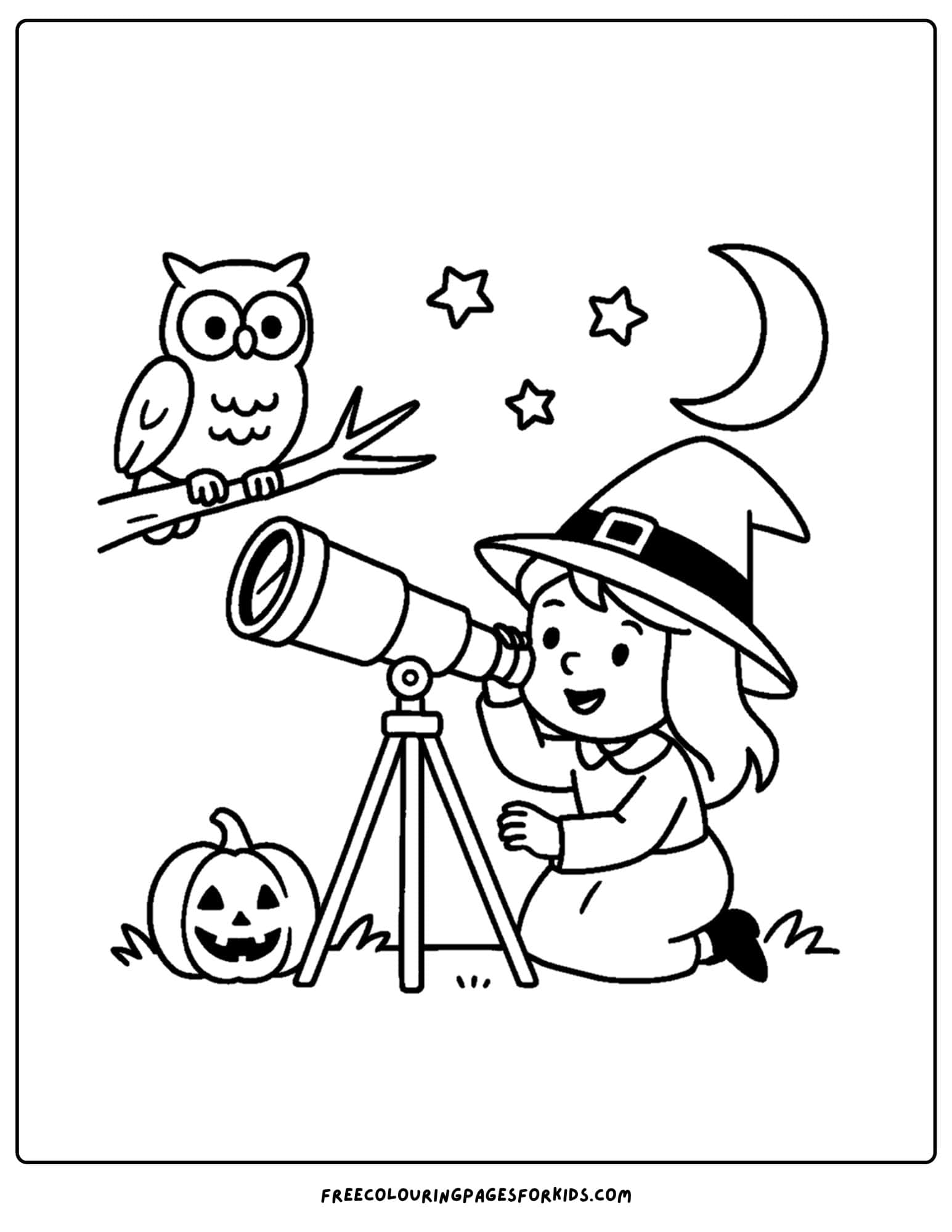 a witch and a telescope coloring page