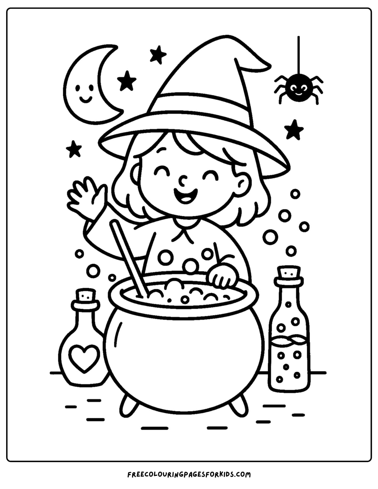 a witch mixing magical potions coloring page