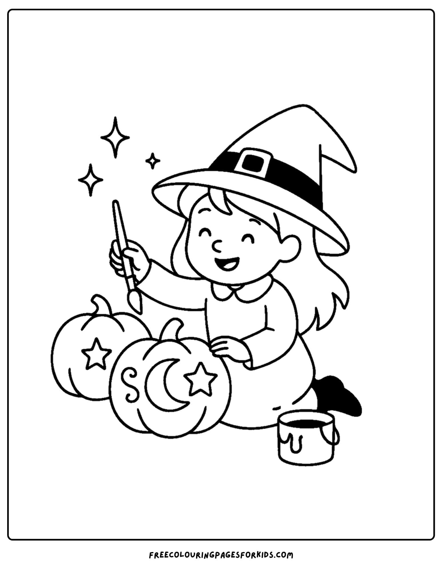 a witch painting pumpkins coloring page