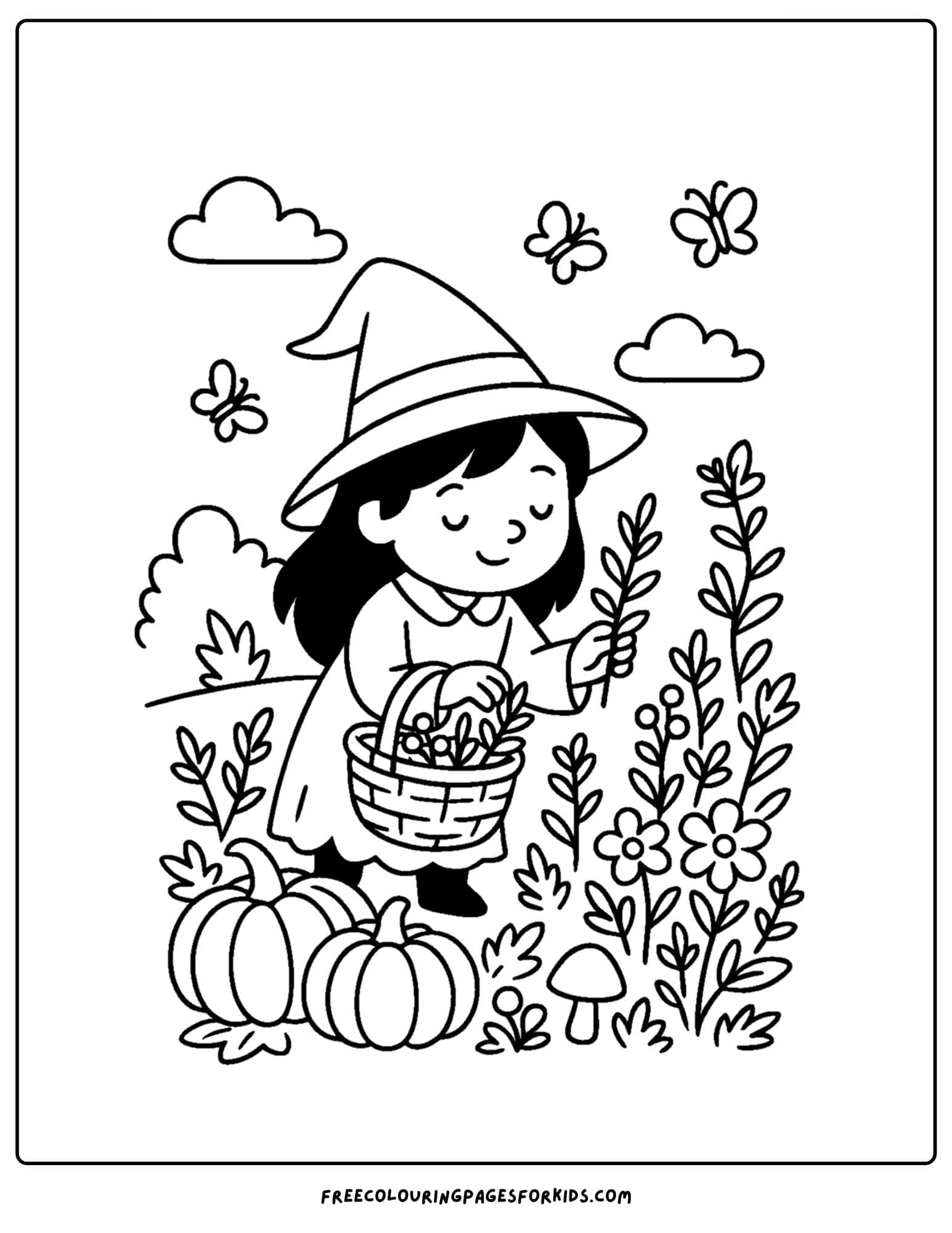 a witch picking herbs for a potion coloring page
