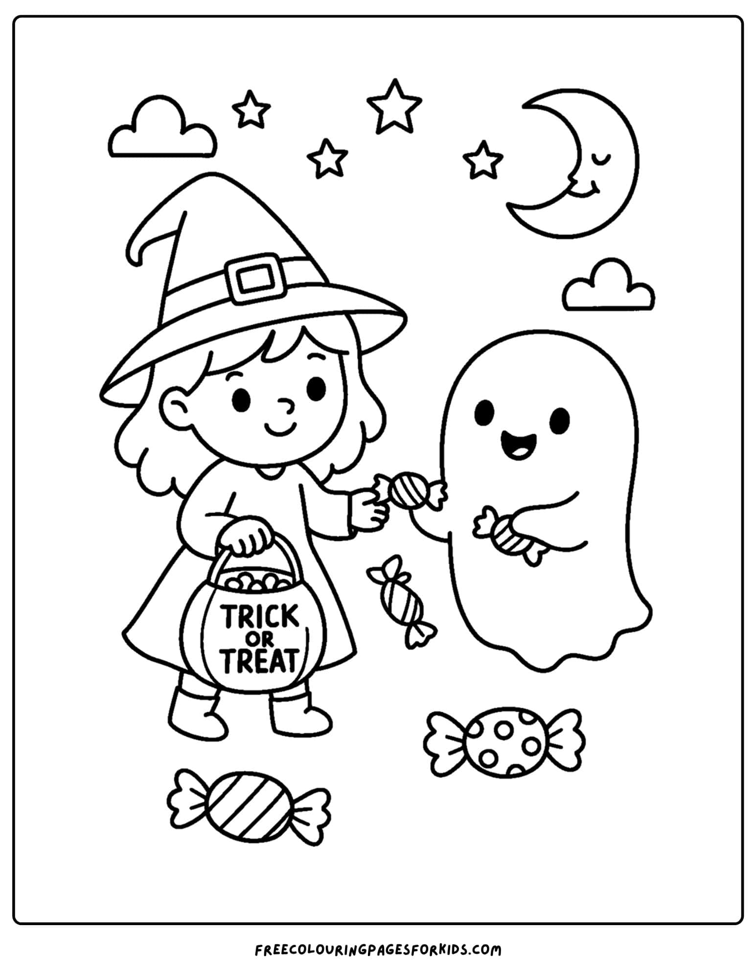 a witch and a ghost with candy coloring page