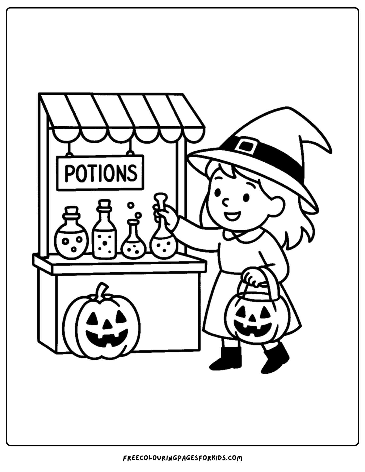 a witch buying potions from a shop coloring page