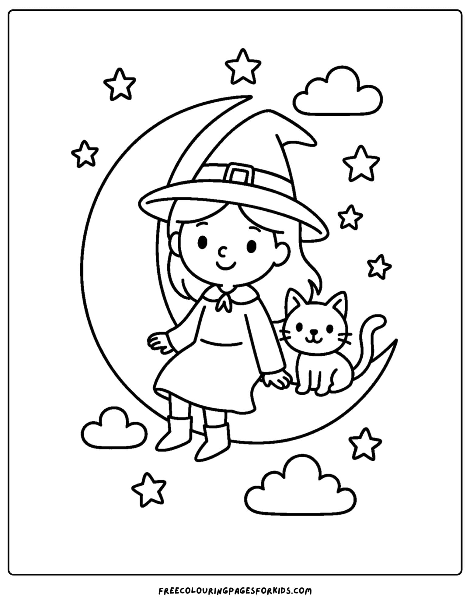 a witch and a cat sitting on the moon coloring page