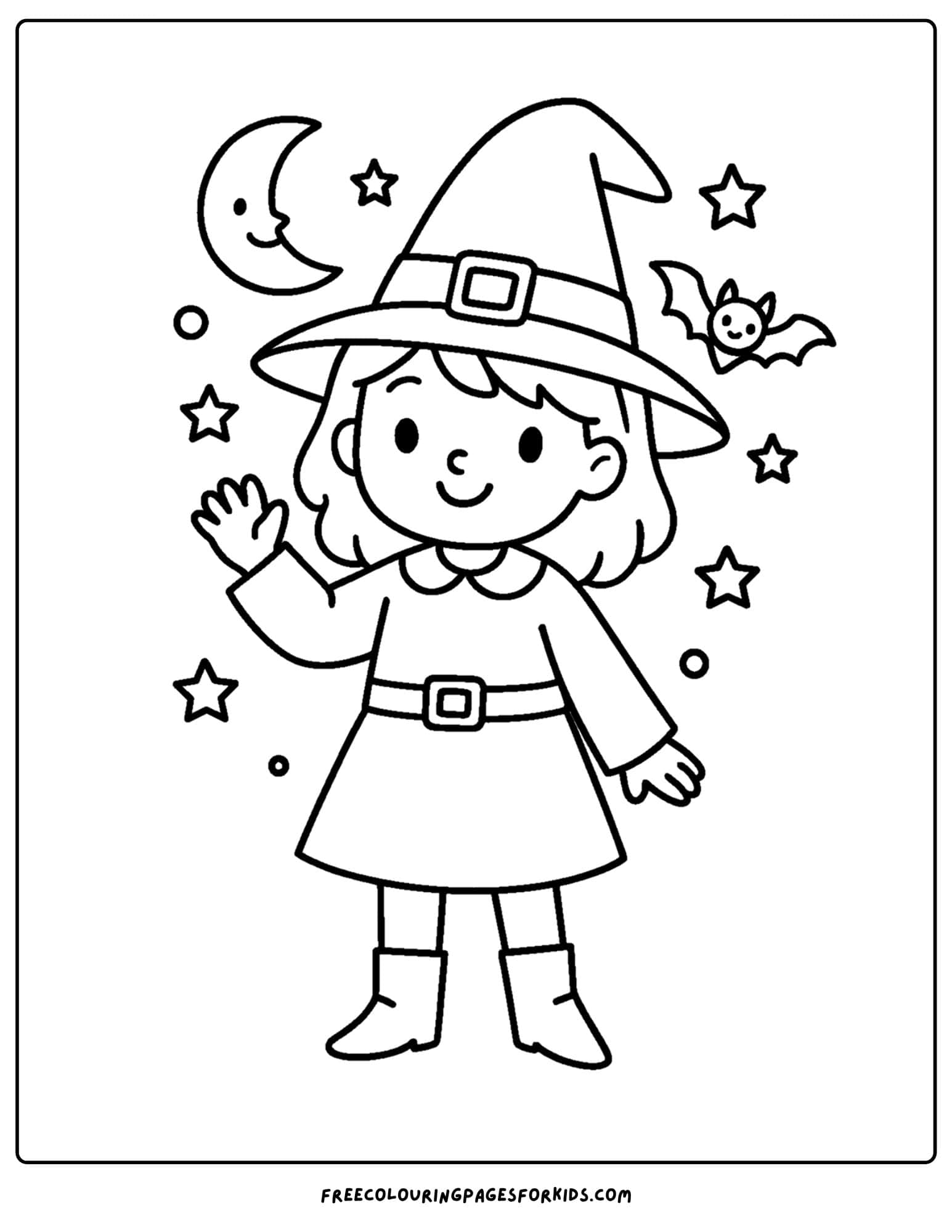 a witch waving coloring page