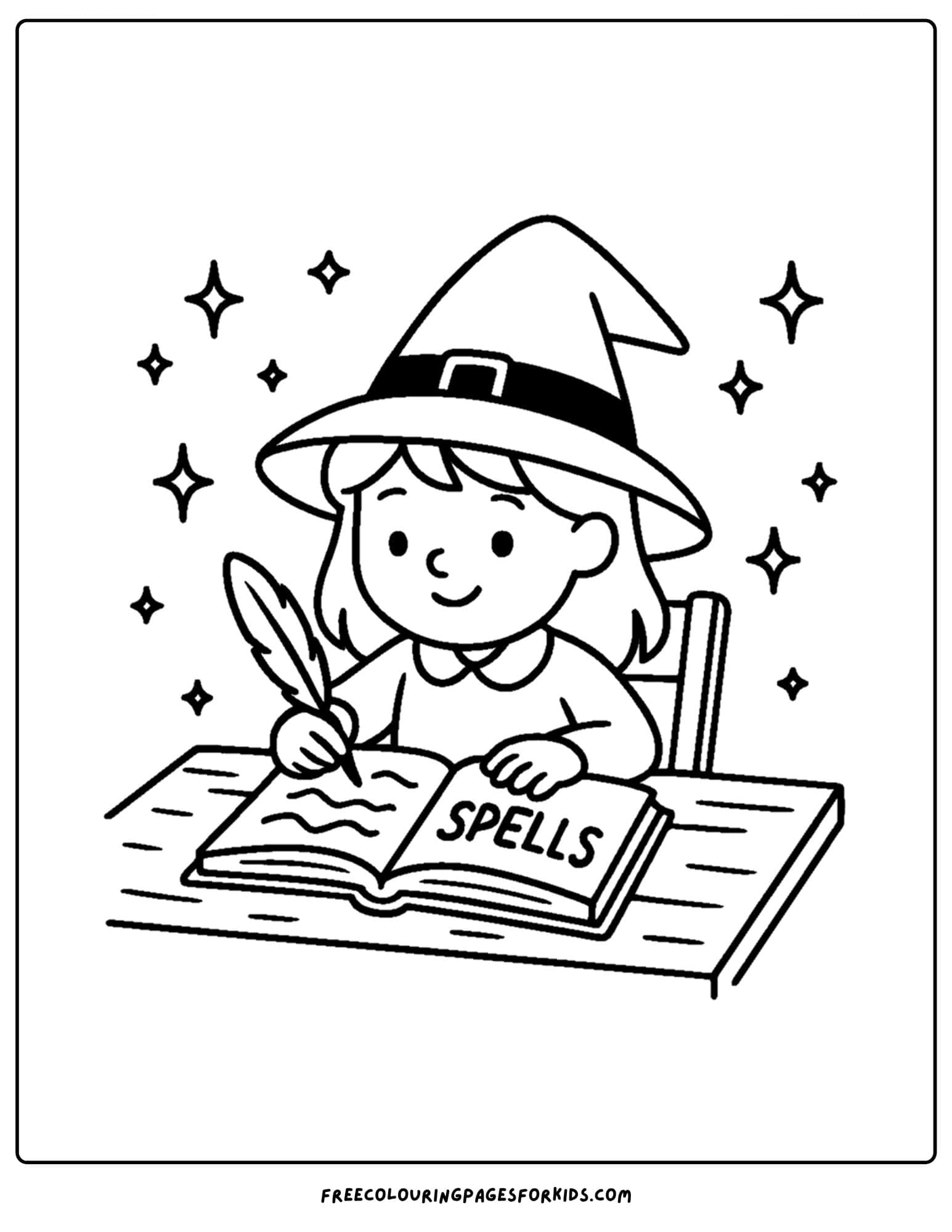a witch writing in a spell book coloring page