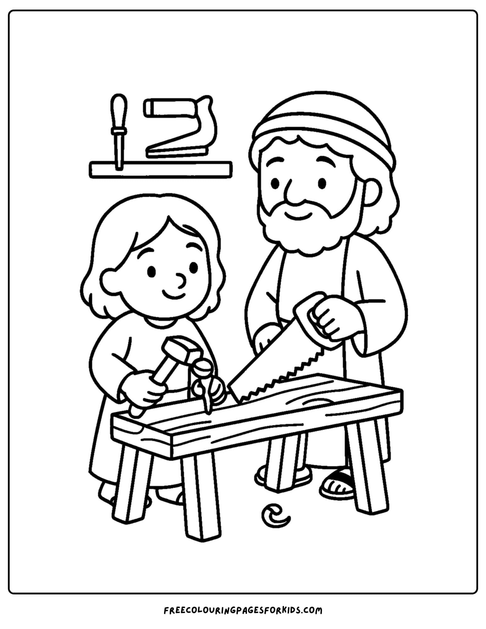 a bible coloring page of jesus as a child helping joseph as a carpenter