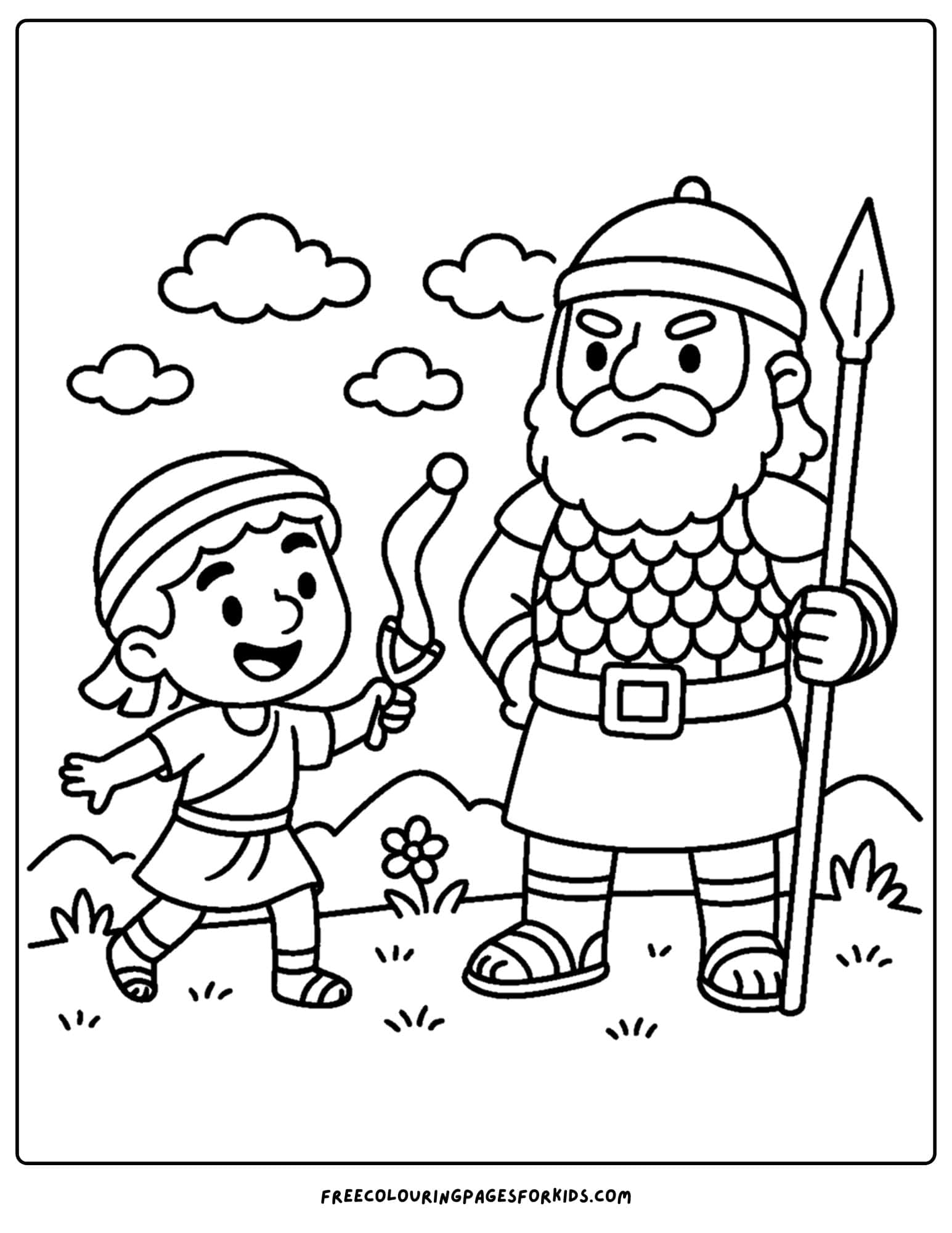 a bible coloring page of david facing off against goliath
