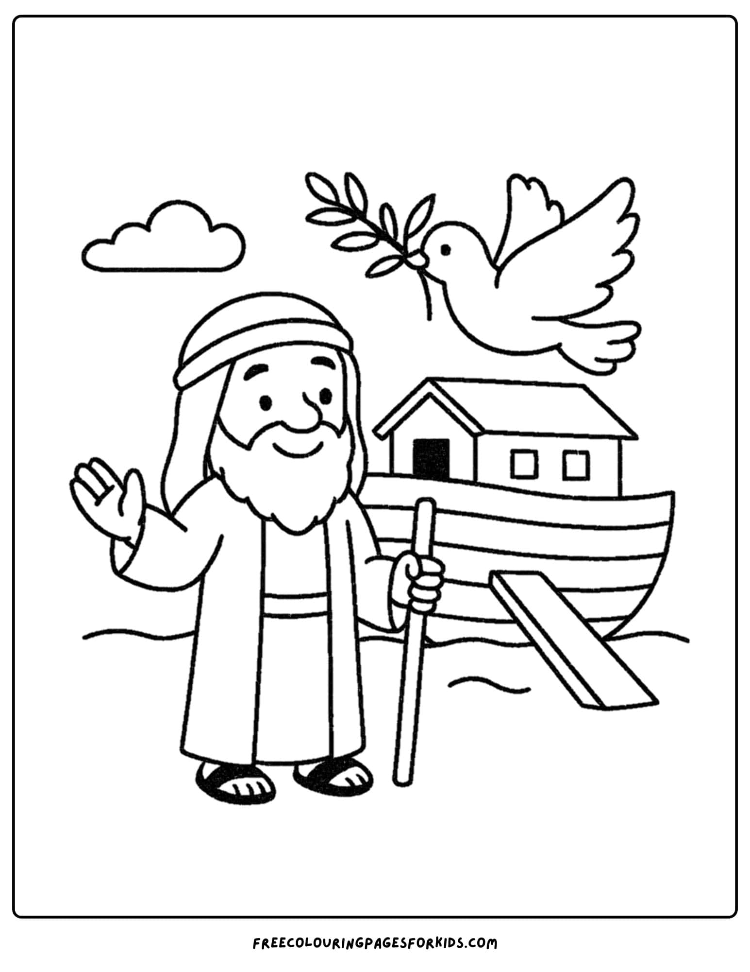 a bible coloring page of a dove with an olive branch flying over noah and his ark