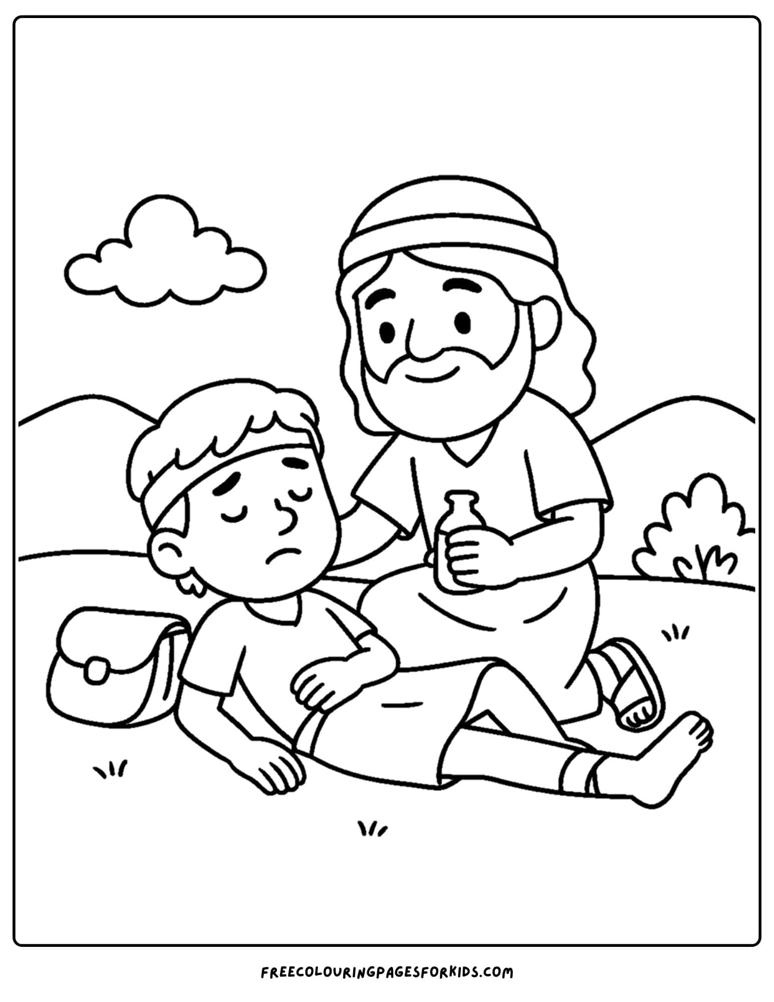 a bible coloring page of a good samaratin helping a stranger
