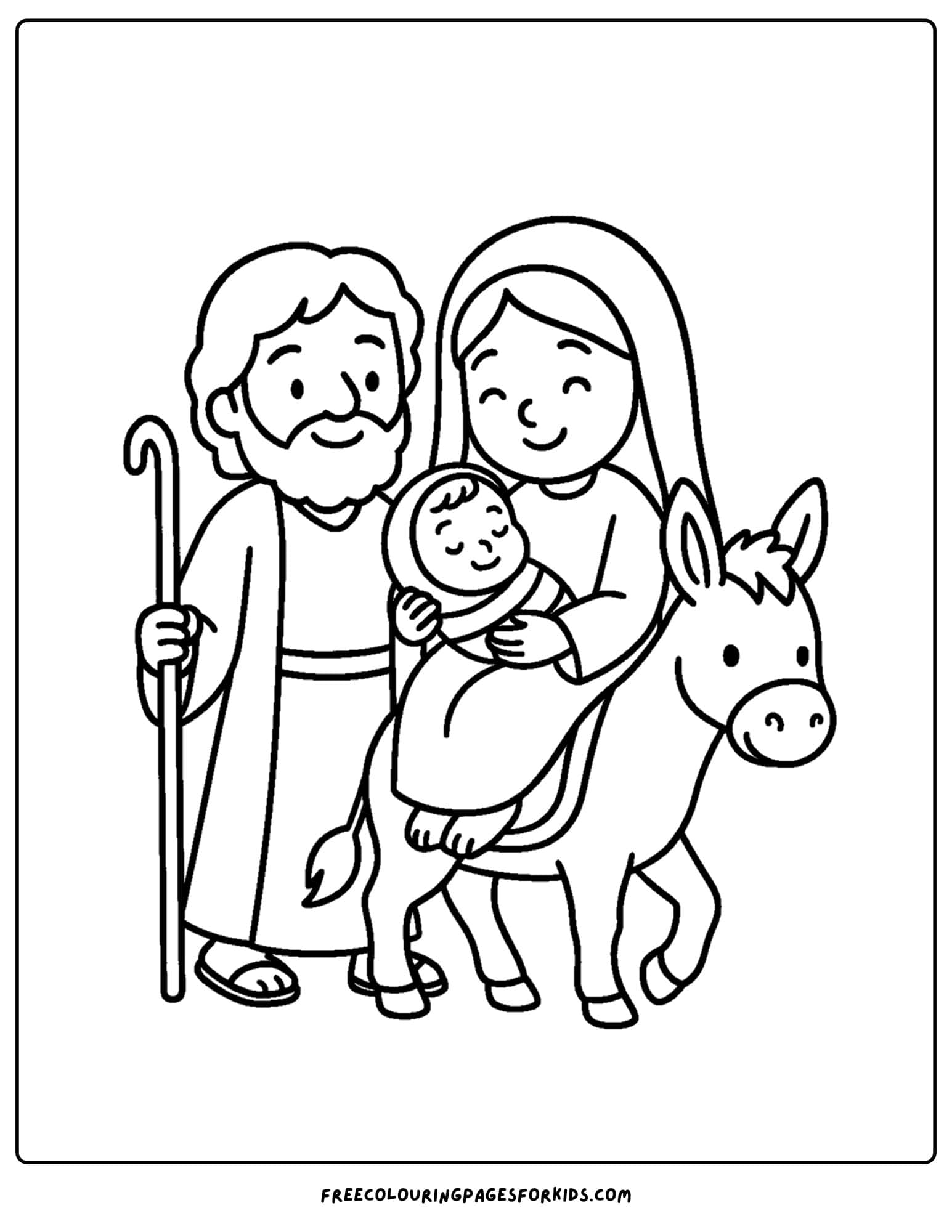 a bible coloring page of mary and joseph with baby jeasus