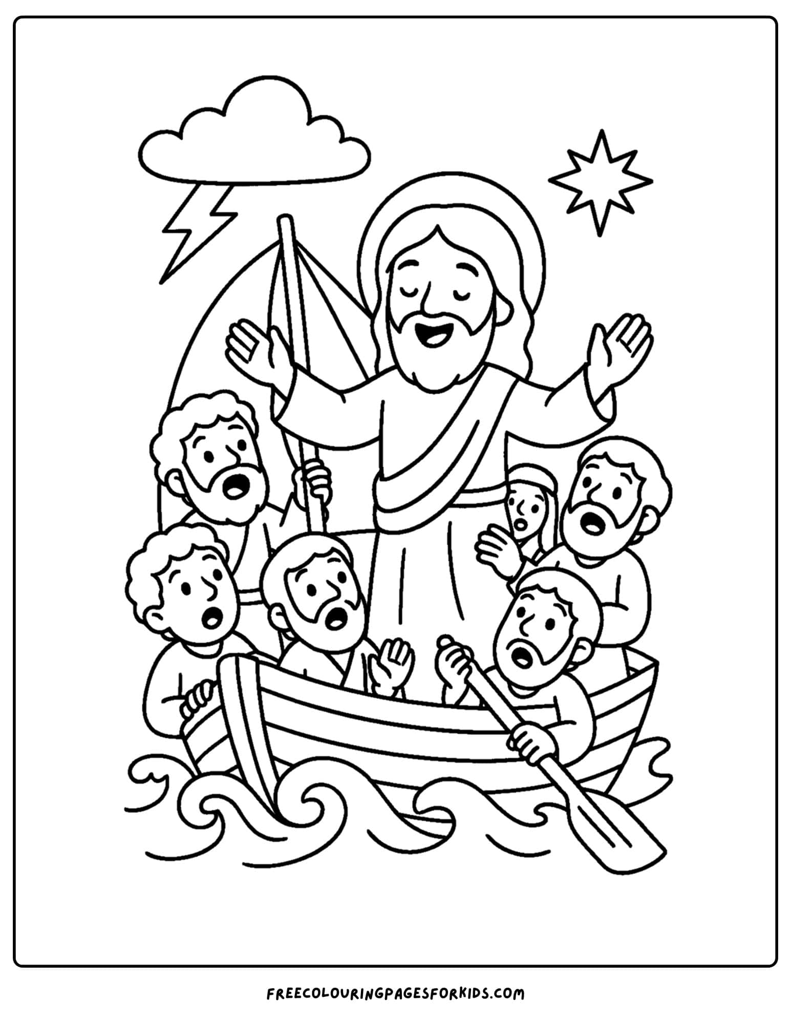 a bible coloring page of jesus calming the storm