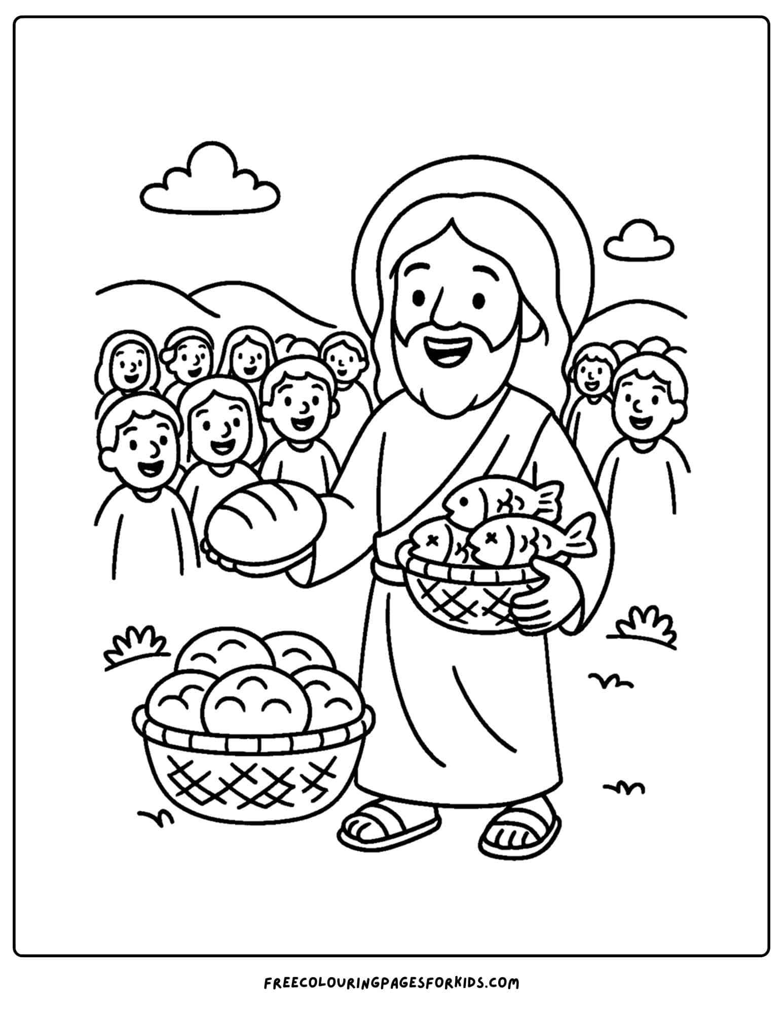 a bible coloring page of jesus feeding a crowd of people