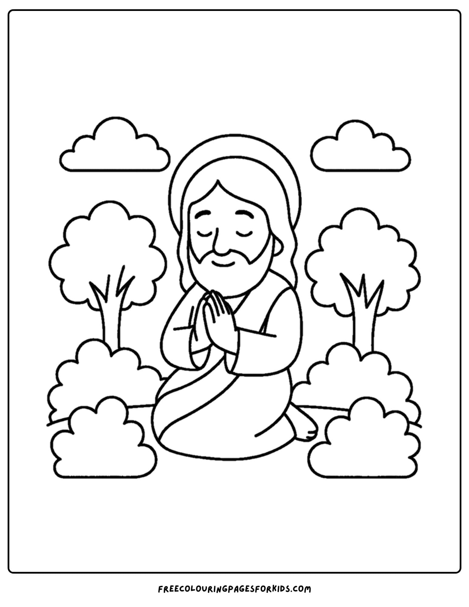 a bible coloring page of jesus praying in a garden