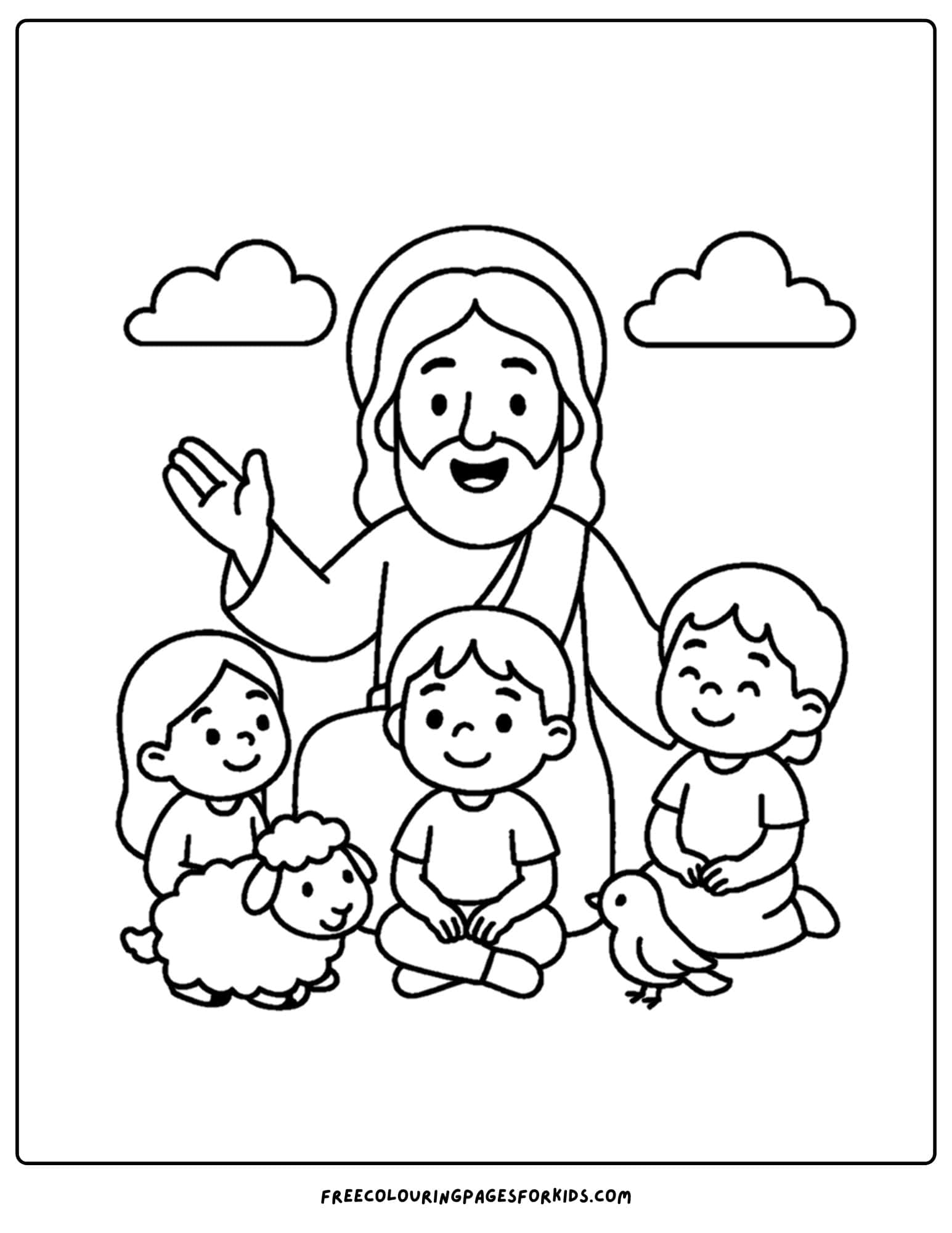 a bible coloring page of jesus telling a parable to some children