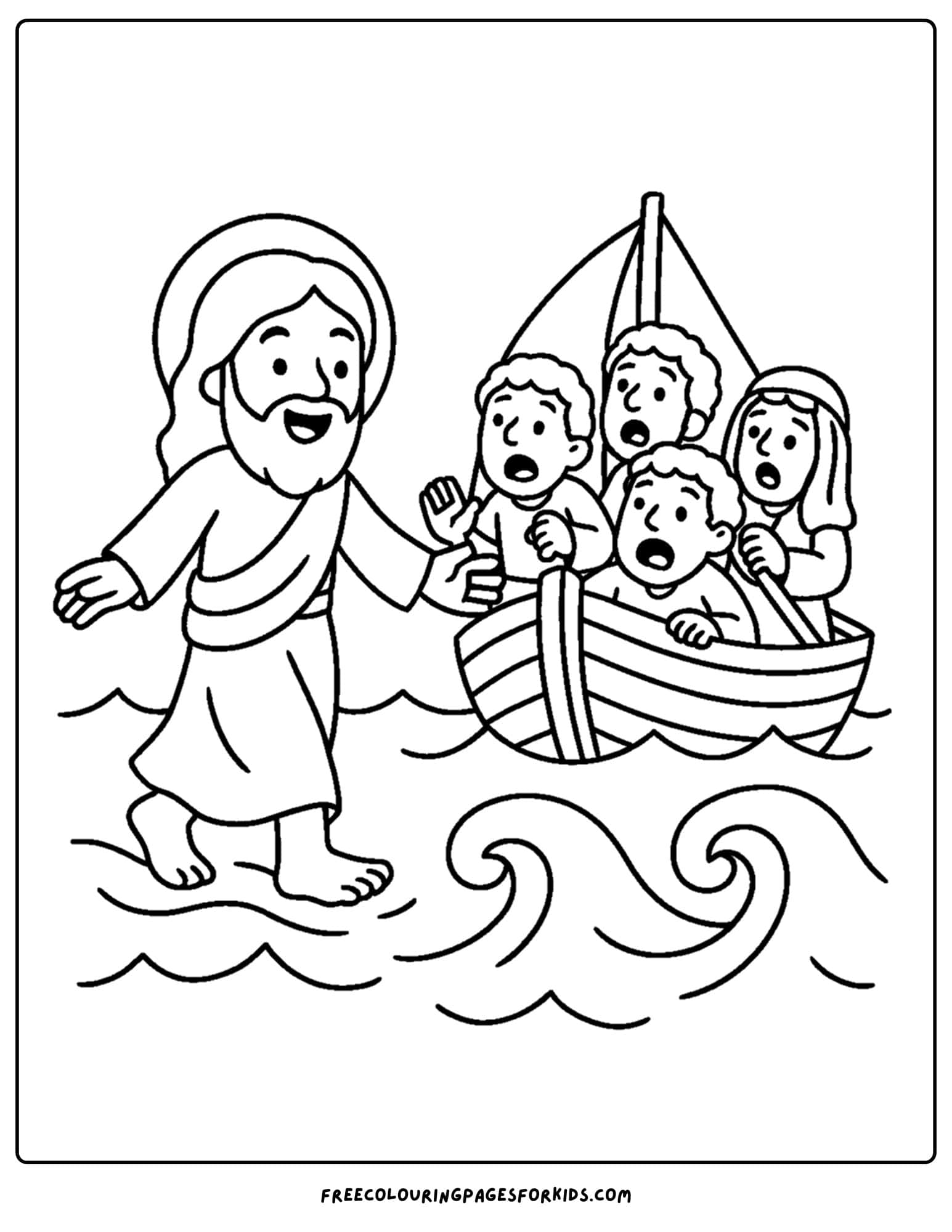a bible coloring page of jesus walking on water
