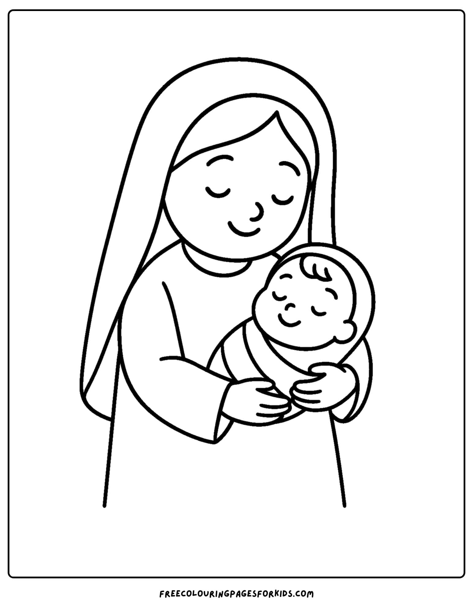 a bible coloring page of mary holding baby jesus in her arms