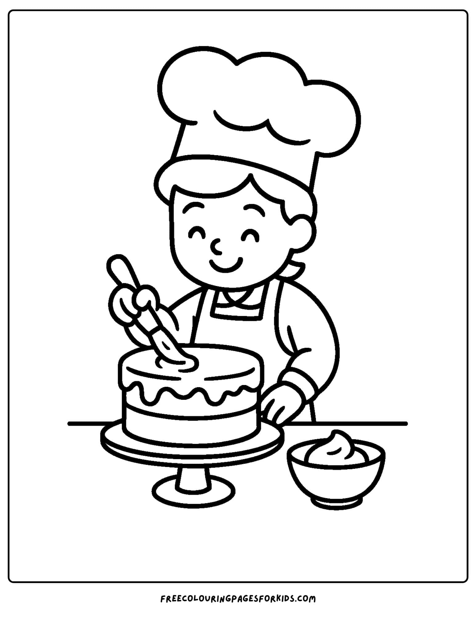 a cake coloring page of a baker frosting a cake