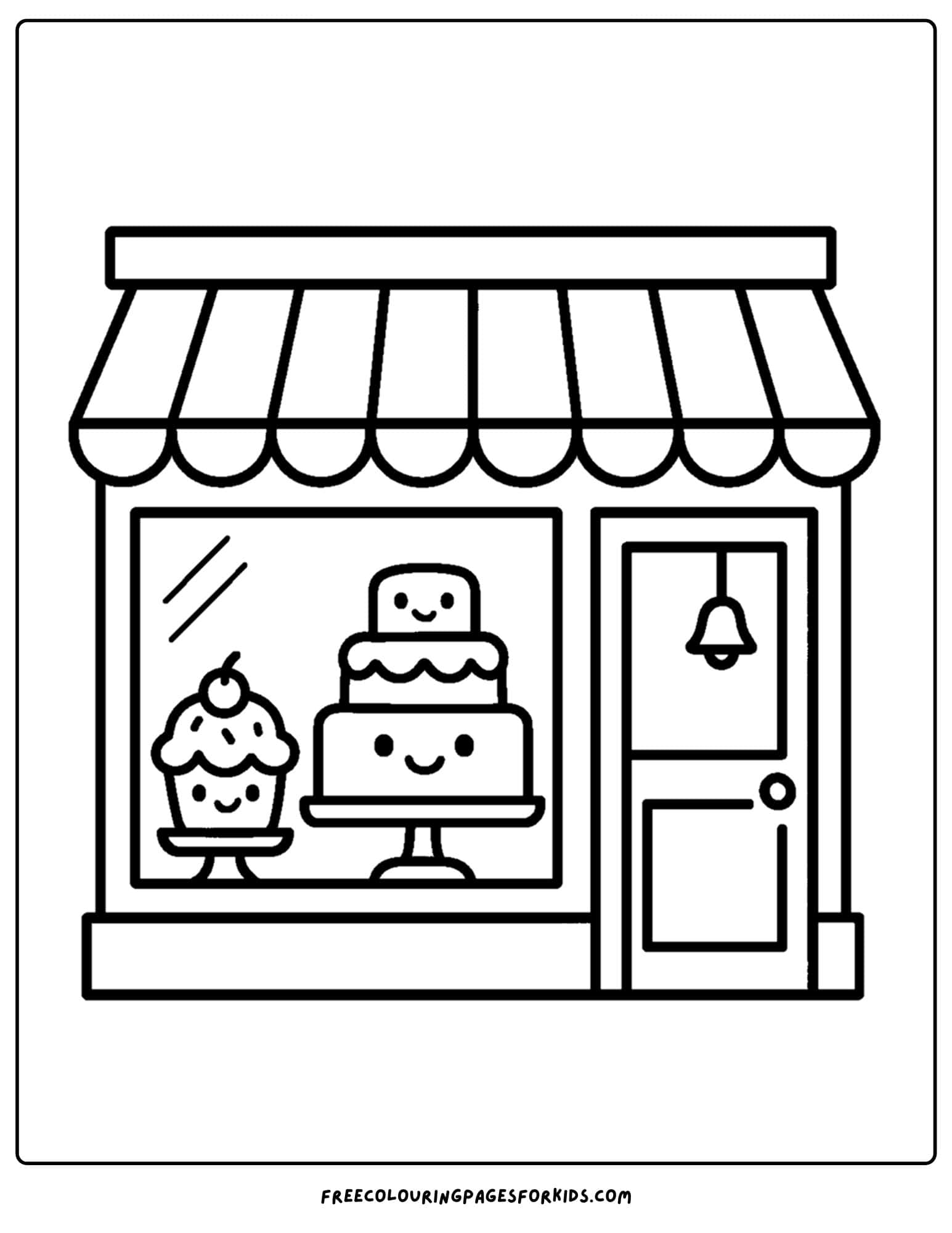 a cake coloring page of a bakery window with cakes in it