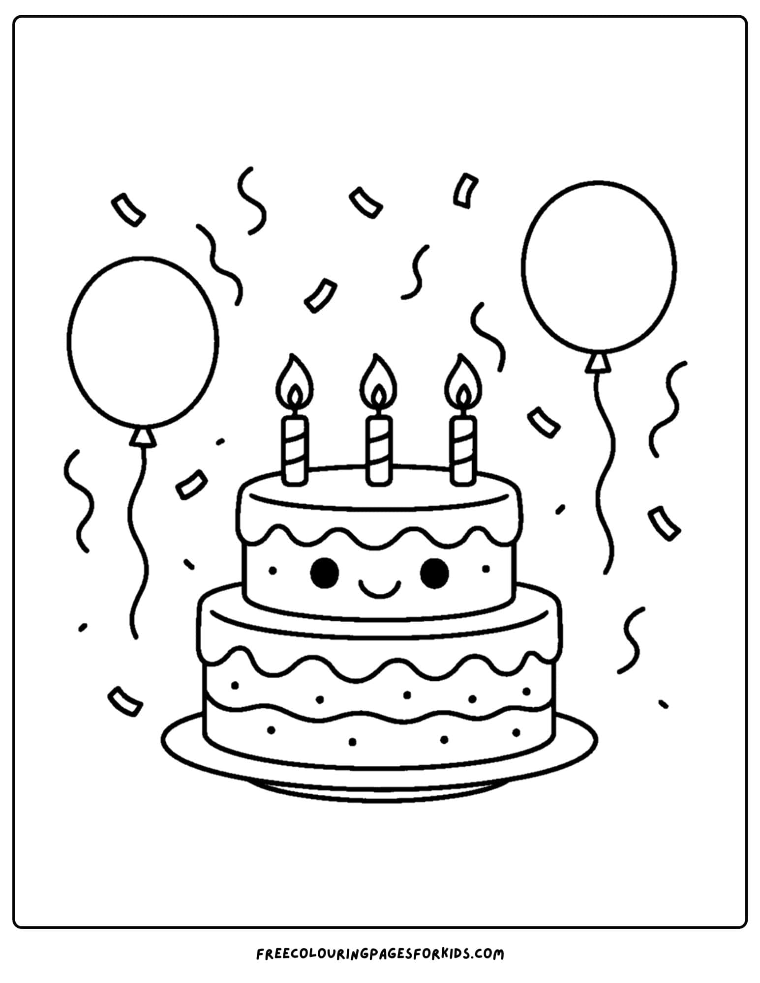 a cake coloring page of a cake with ballons and confetti